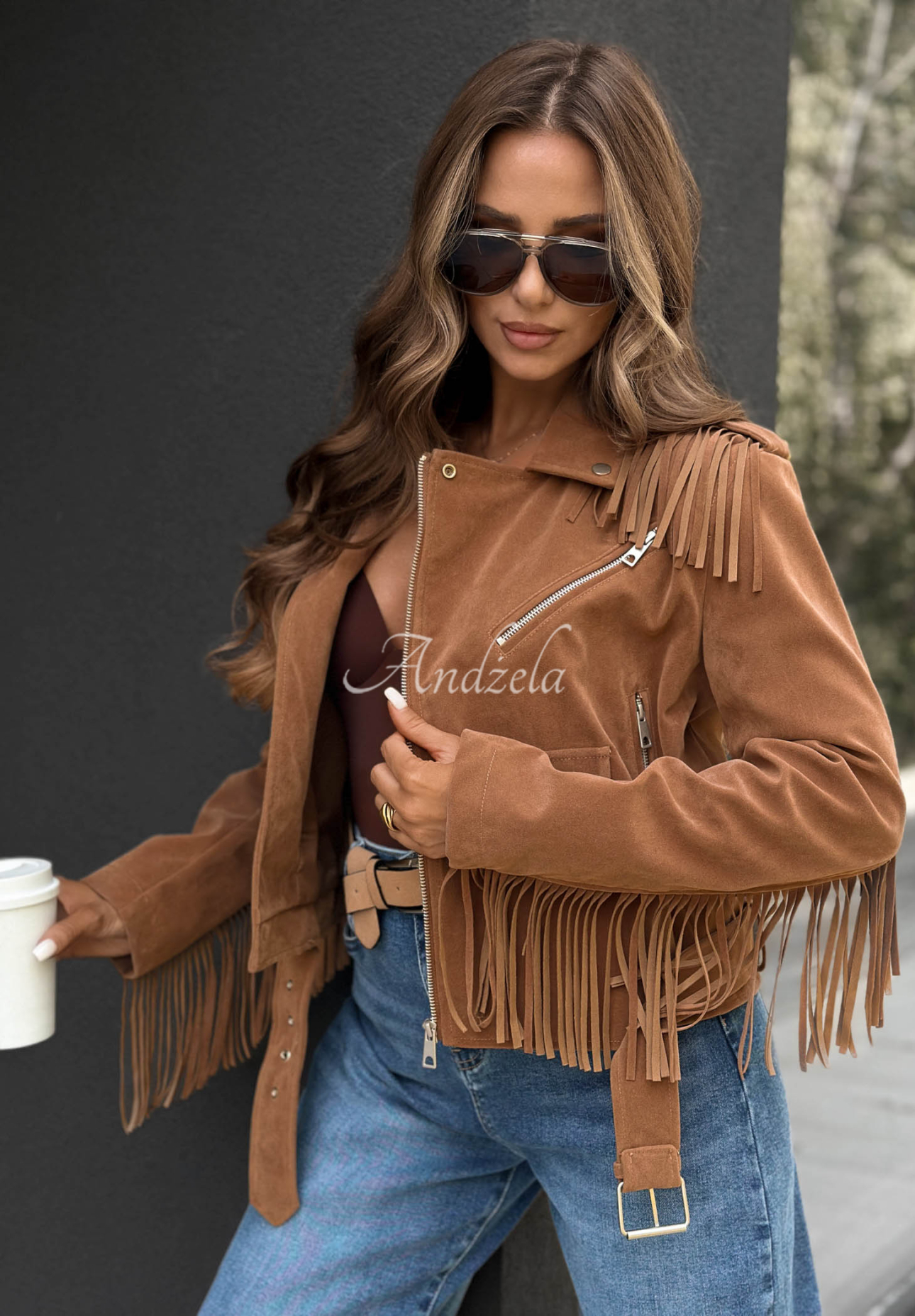 Cloudy Days Camel Suede Fringed Biker Jacket