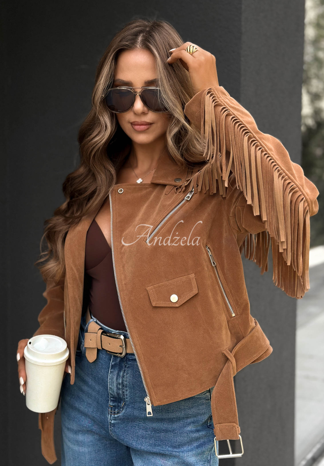 Cloudy Days Camel Suede Fringed Biker Jacket