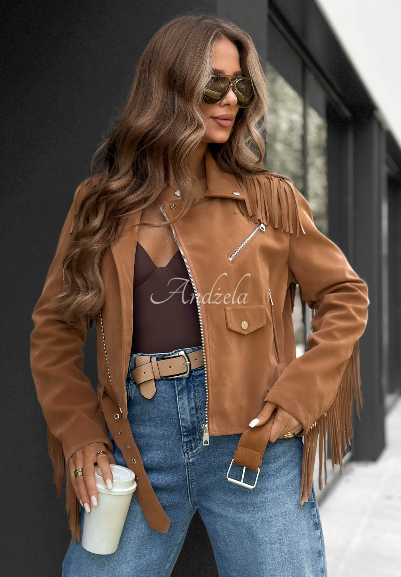 Cloudy Days Camel Suede Fringed Biker Jacket