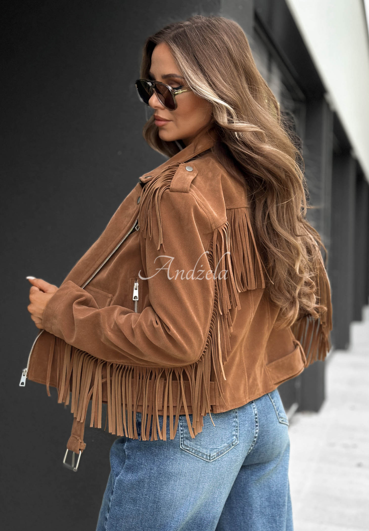 Cloudy Days Camel Suede Fringed Biker Jacket