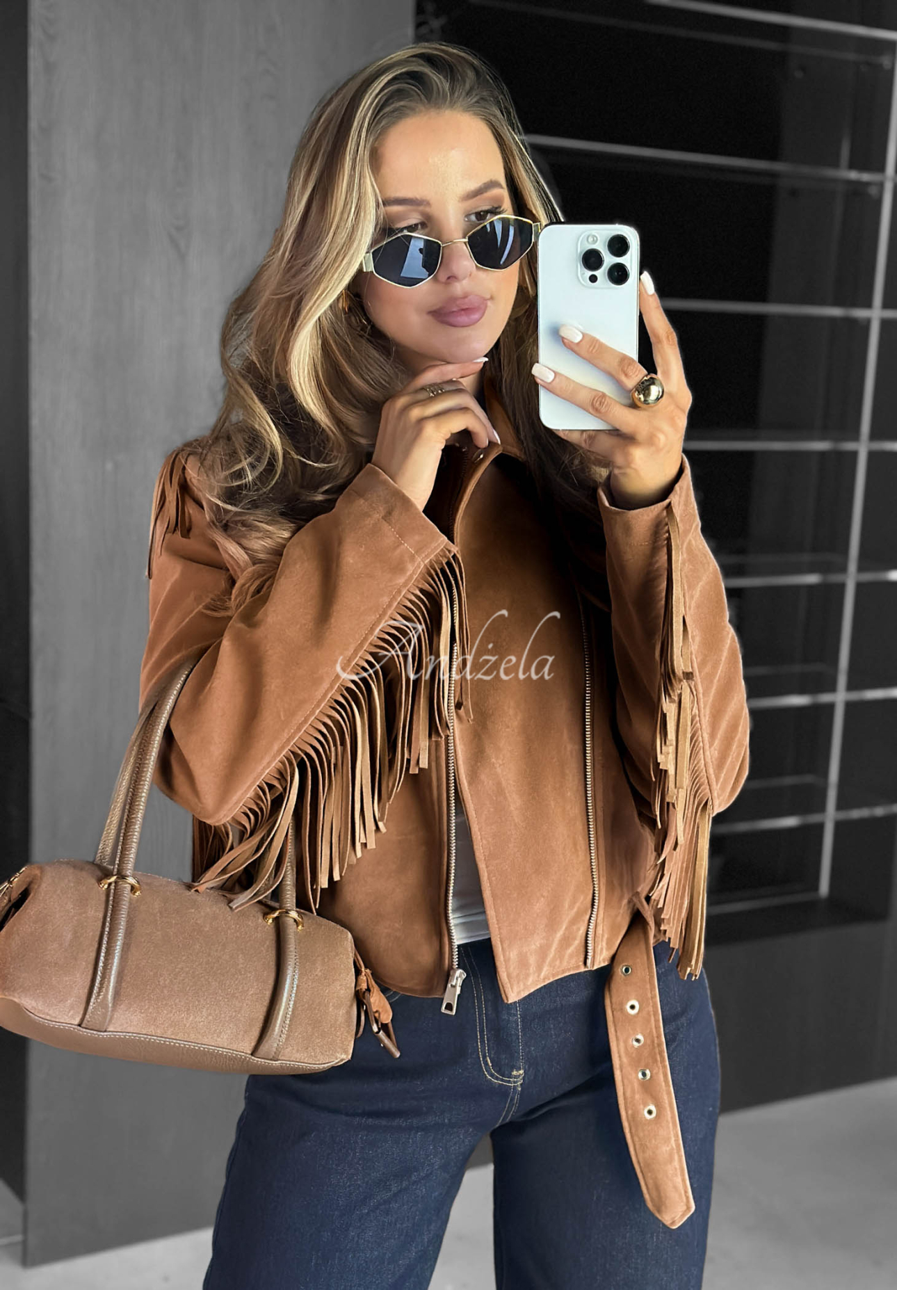Cloudy Days Camel Suede Fringed Biker Jacket