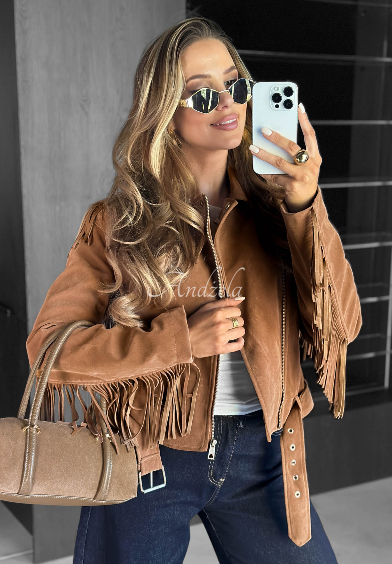 Cloudy Days Camel Suede Fringed Biker Jacket