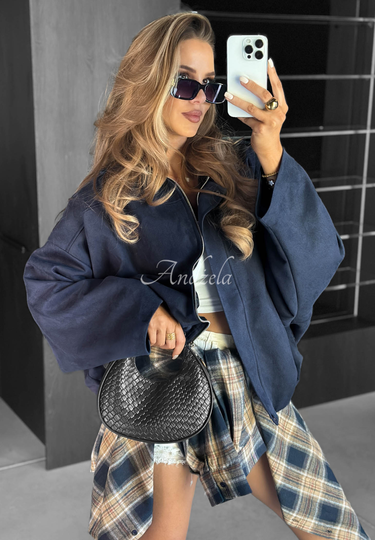 Early Season Oversized Suede Bomber Jacket, Navy Blue