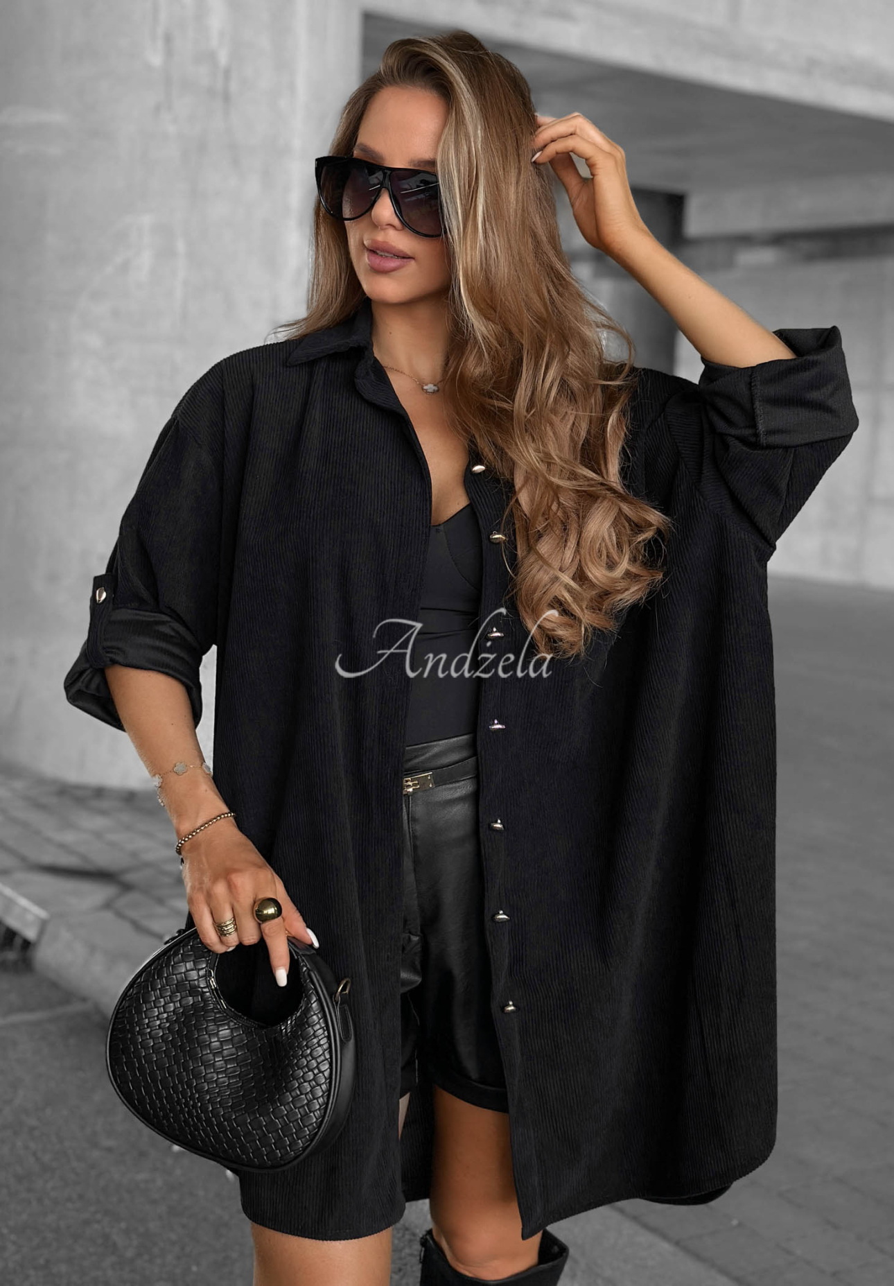 Calm Moments Long Black Viscose Corduroy Shirt