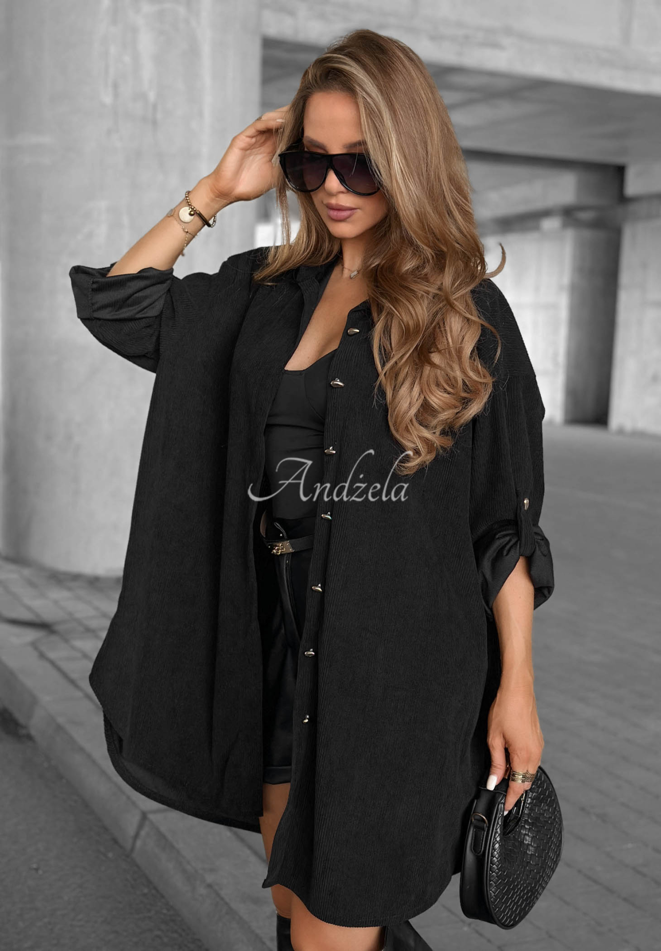 Calm Moments Long Black Viscose Corduroy Shirt
