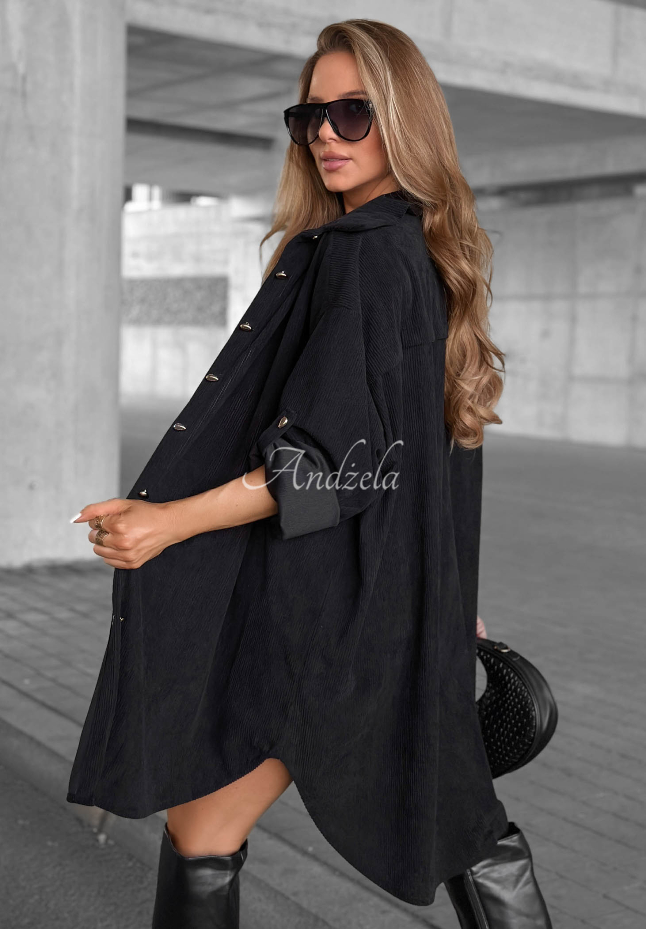 Calm Moments Long Black Viscose Corduroy Shirt