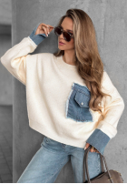 Sweter z denimowymi wstawkami Closer Now waniliowy