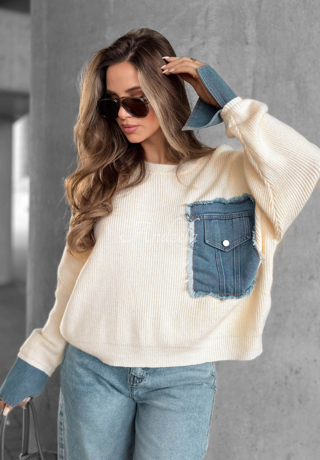 Closer Now Vanilla Viscose Sweater with Denim Inserts