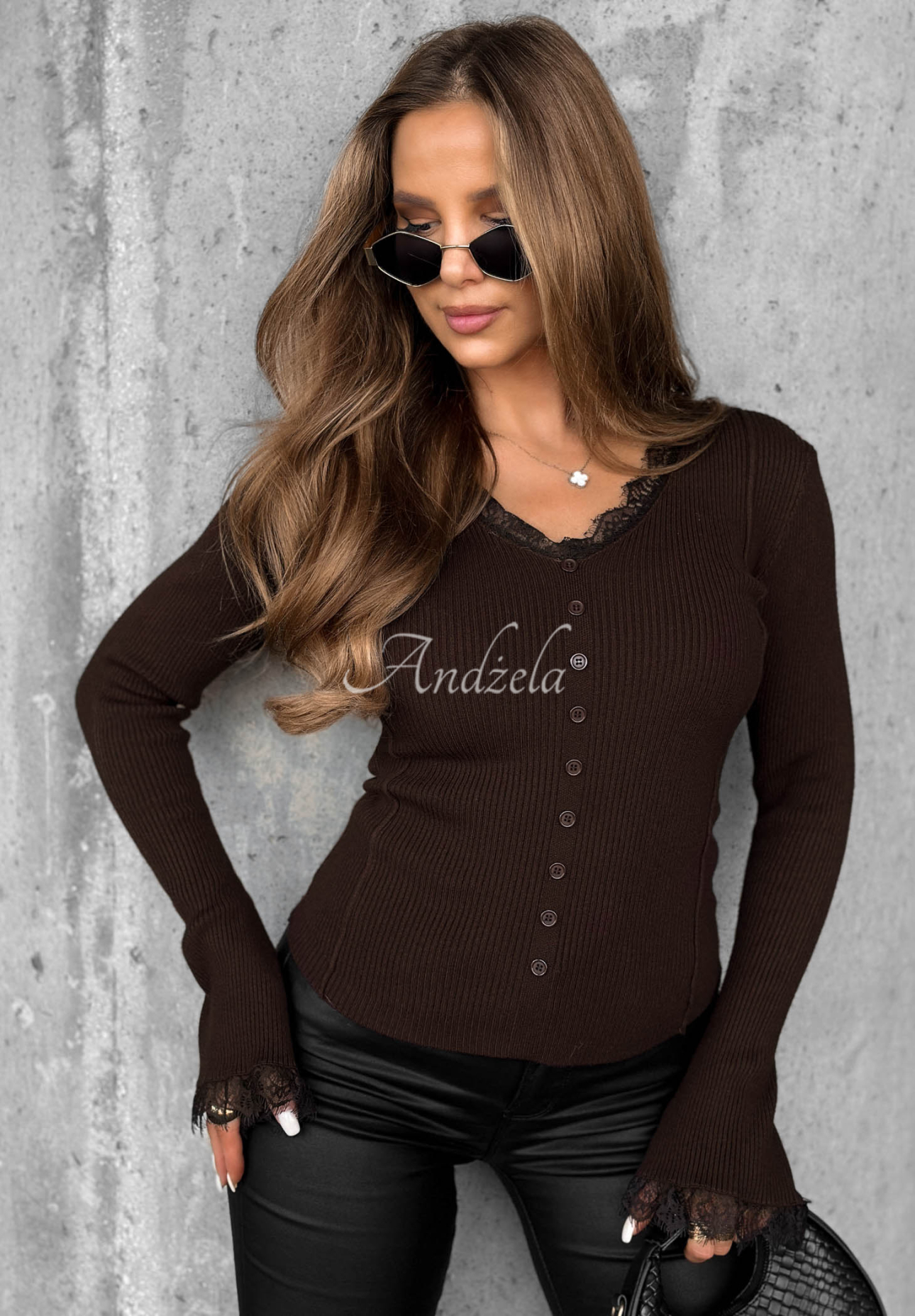 Striped viscose bell-sleeve blouse with Velvet Charm chocolate-colored lace