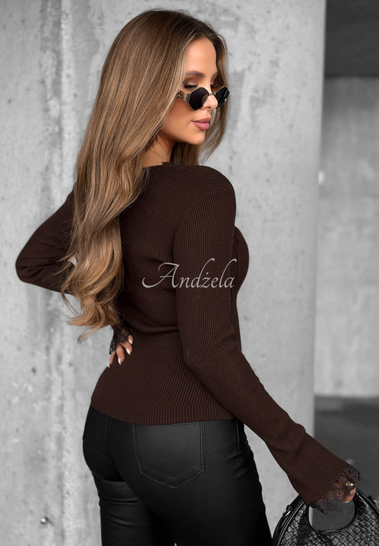 Striped viscose bell-sleeve blouse with Velvet Charm chocolate-colored lace