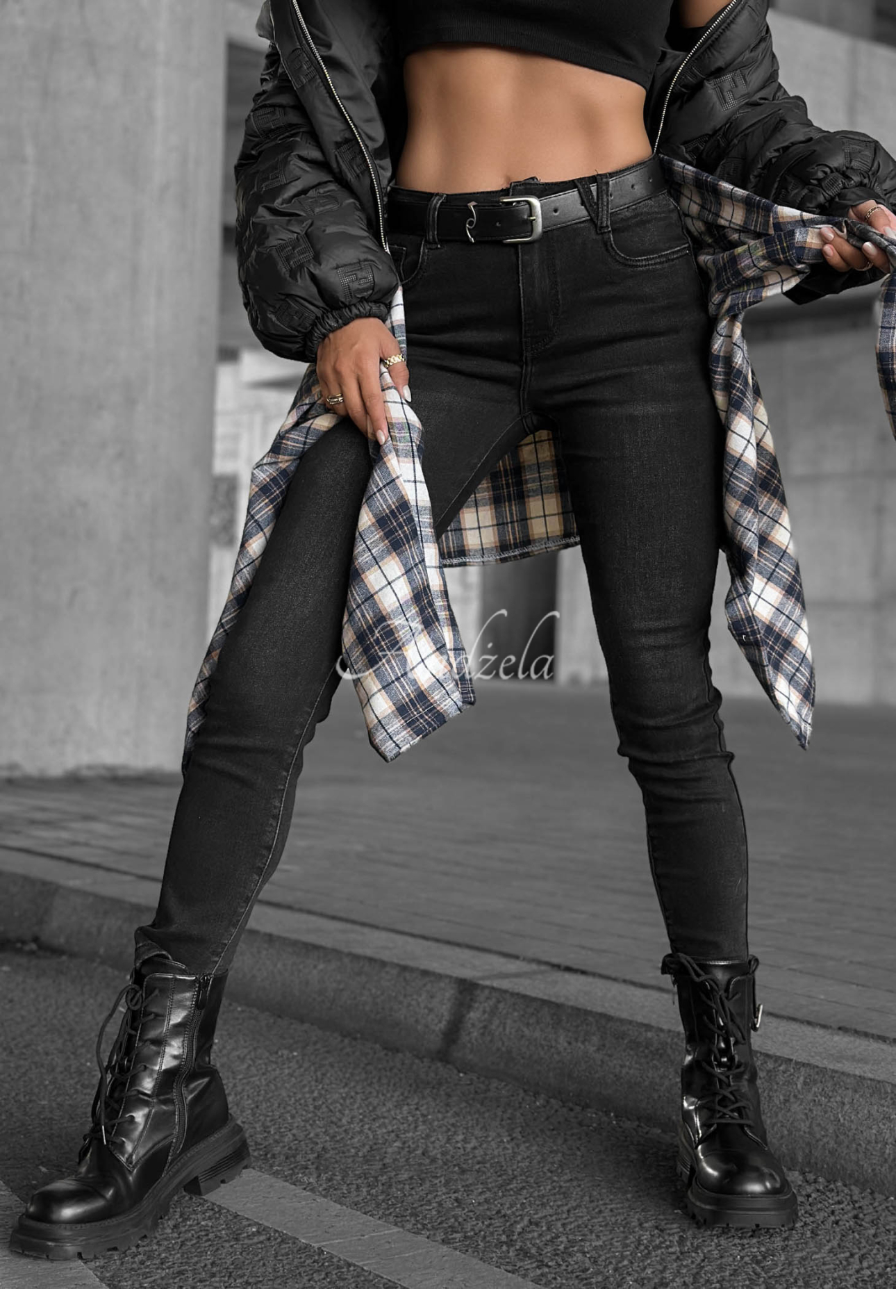 Spodnie jeansowe skinny z paskiem Lucky You ciemnoszare