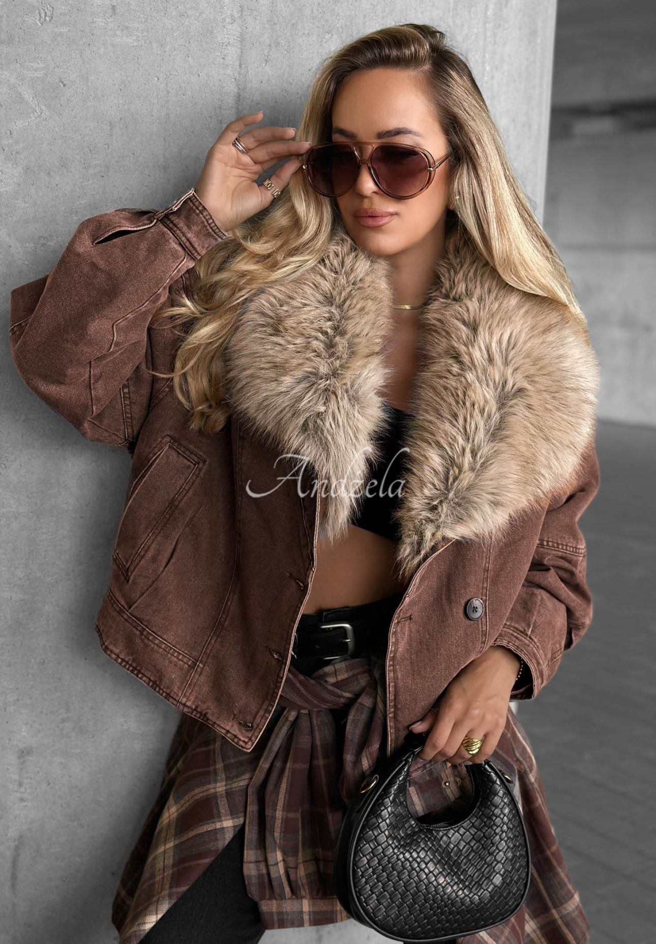 Autumn Teddy Short Denim Jacket with Fur Trim, Chocolate Brown