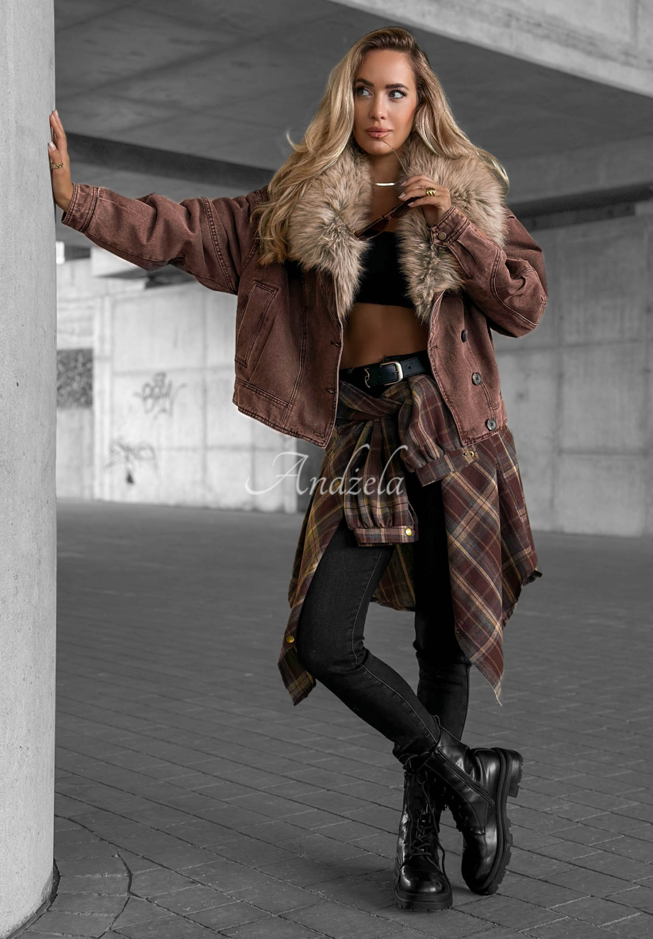 Autumn Teddy Short Denim Jacket with Fur Trim, Chocolate Brown