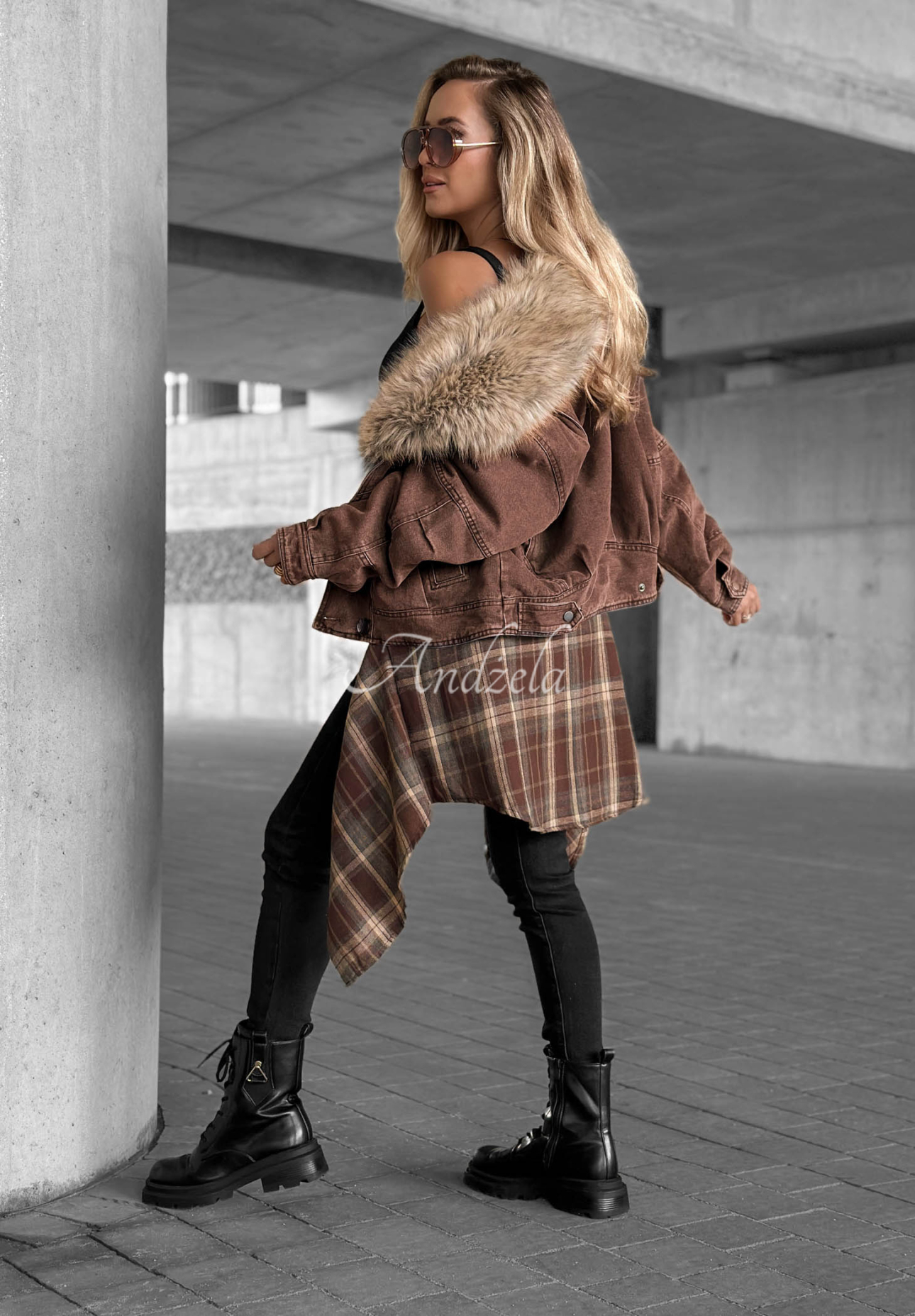 Autumn Teddy Short Denim Jacket with Fur Trim, Chocolate Brown