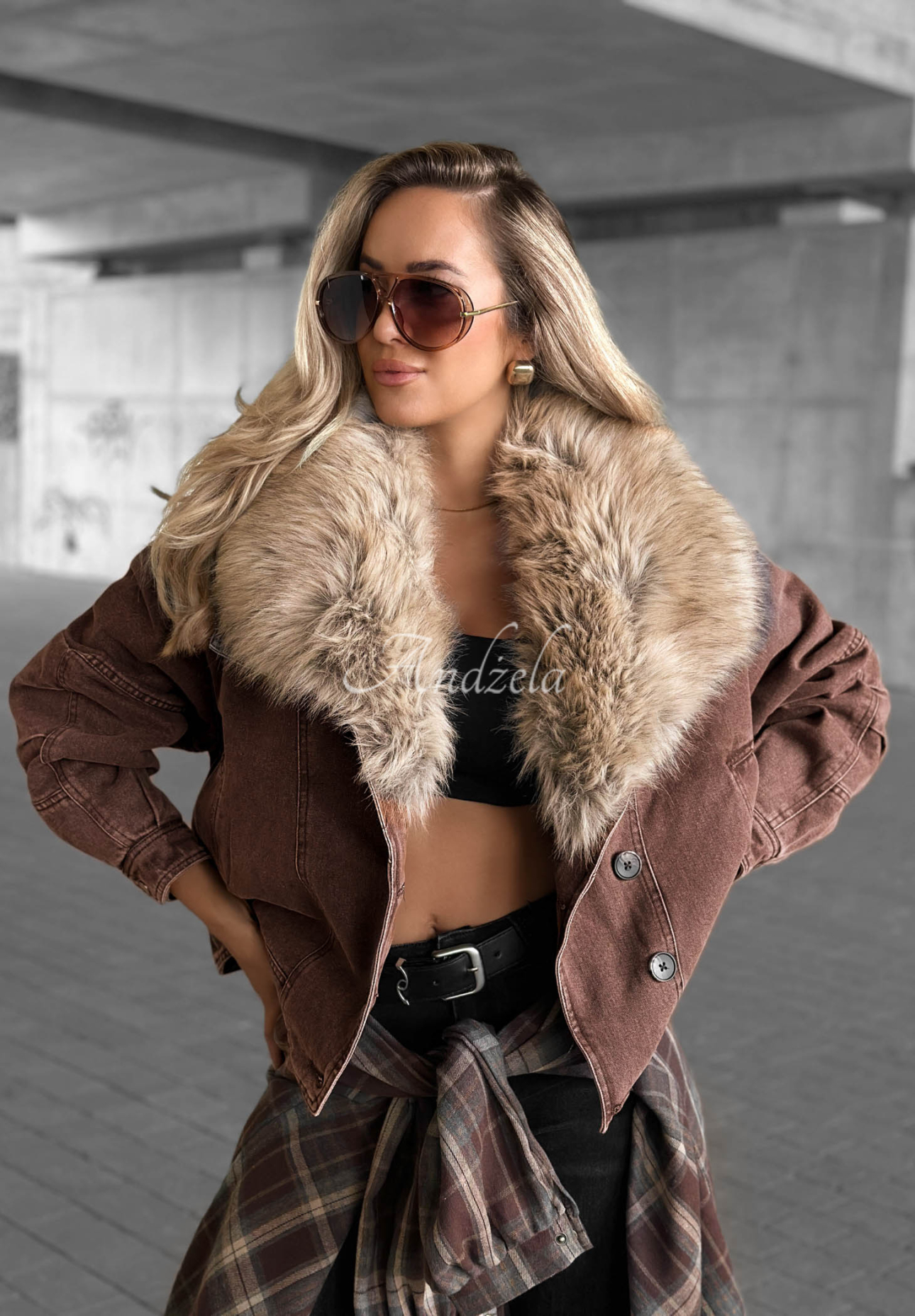Autumn Teddy Short Denim Jacket with Fur Trim, Chocolate Brown