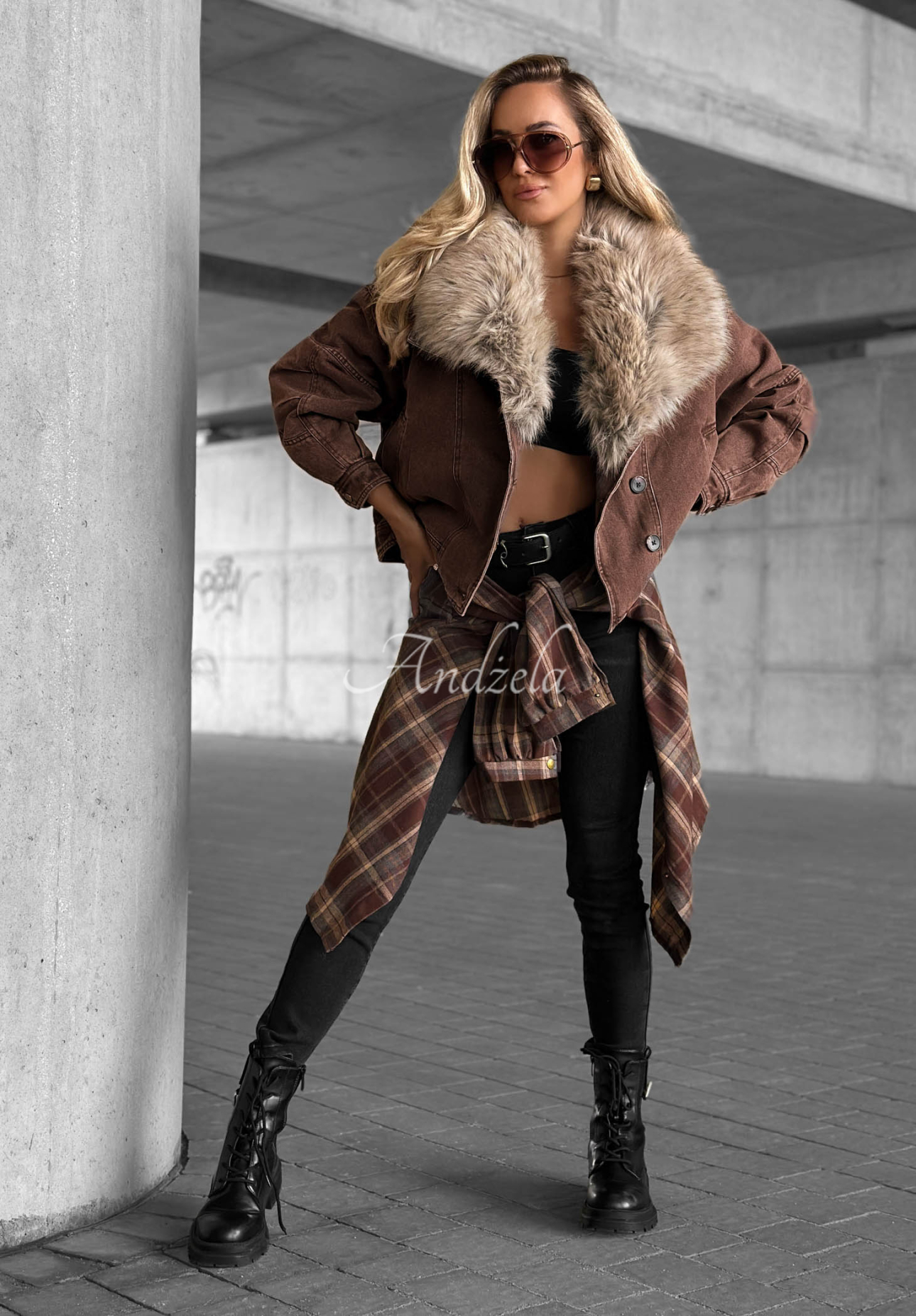 Autumn Teddy Short Denim Jacket with Fur Trim, Chocolate Brown