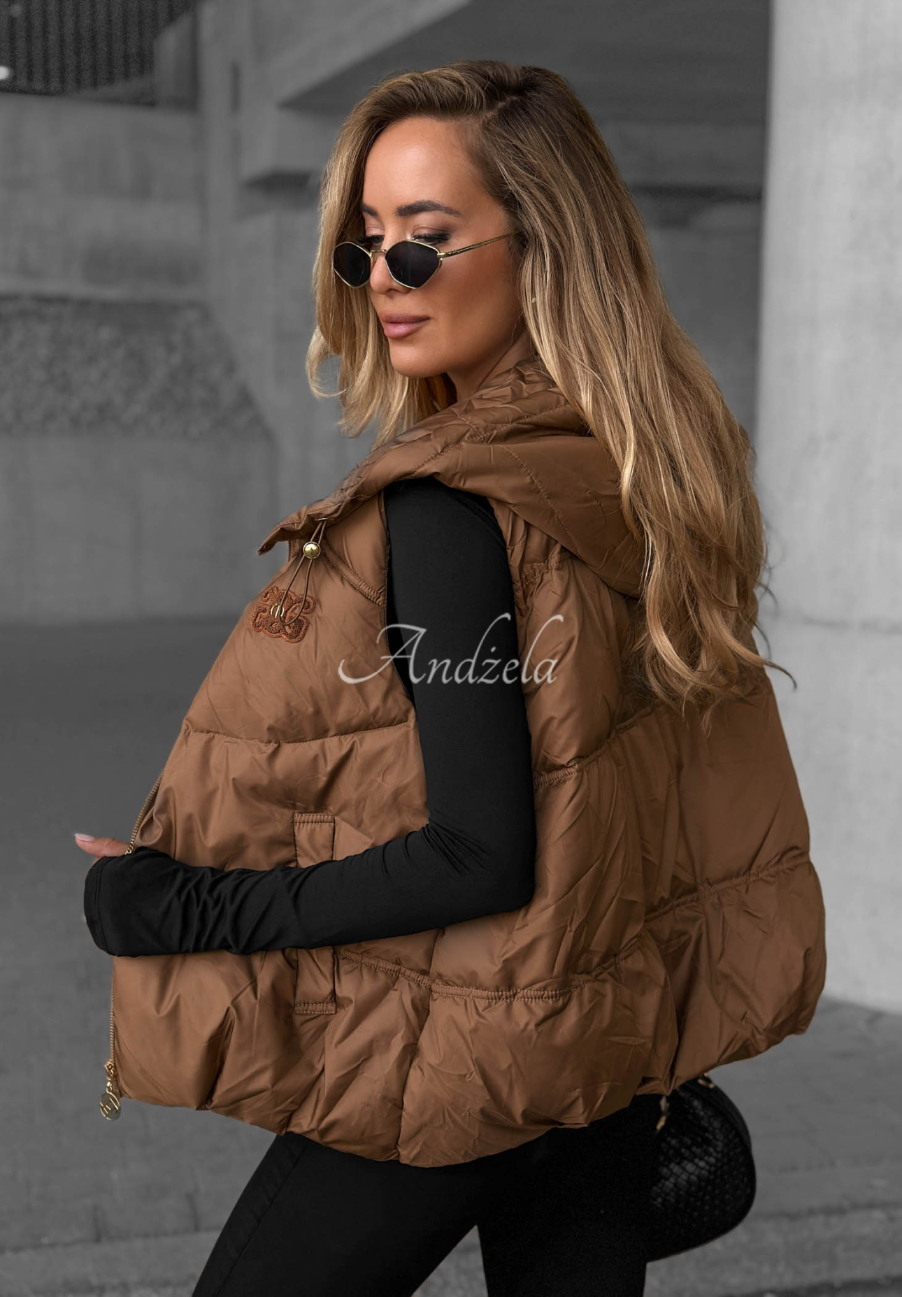 Cinnamon Sky Camel-Colored Quilted Hooded Vest