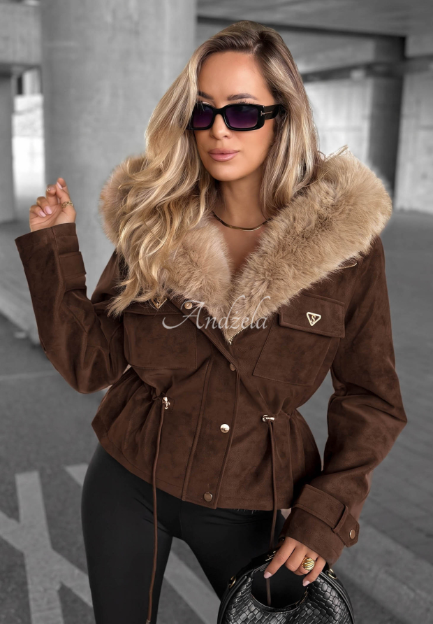 Honey Autumn Short Jacket with Fur Trim, Chocolate Brown