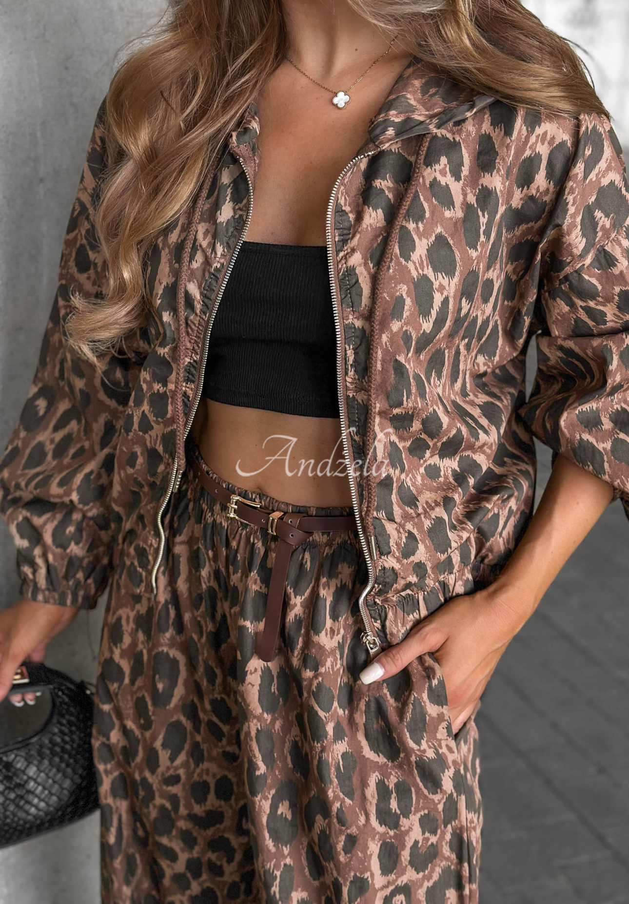Fall Essence Chocolate-colored Cotton Leopard-Print Bomber Jacket and Jogger Pants Set