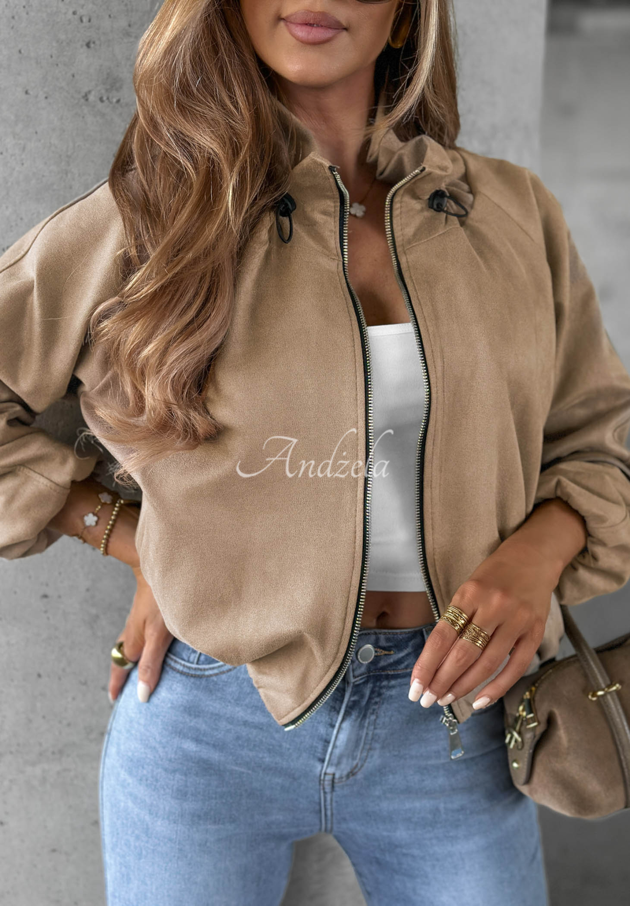 Autumn Muse Beige Suede Jacket with Stand-Up Collar