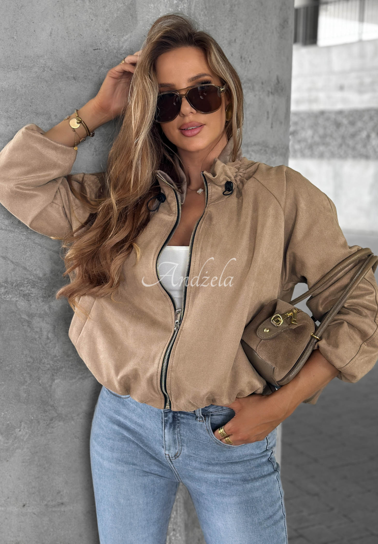 Autumn Muse Beige Suede Jacket with Stand-Up Collar