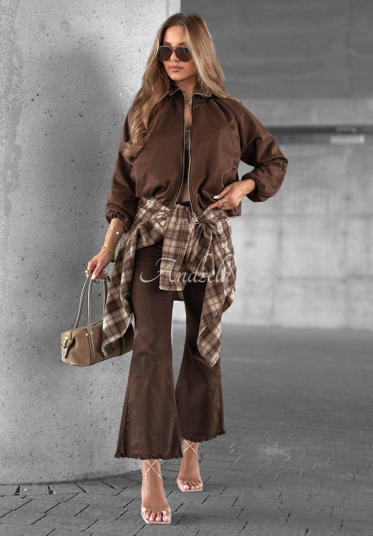 Autumn Muse Chocolate-Colored Suede Jacket with a Stand-Up Collar
