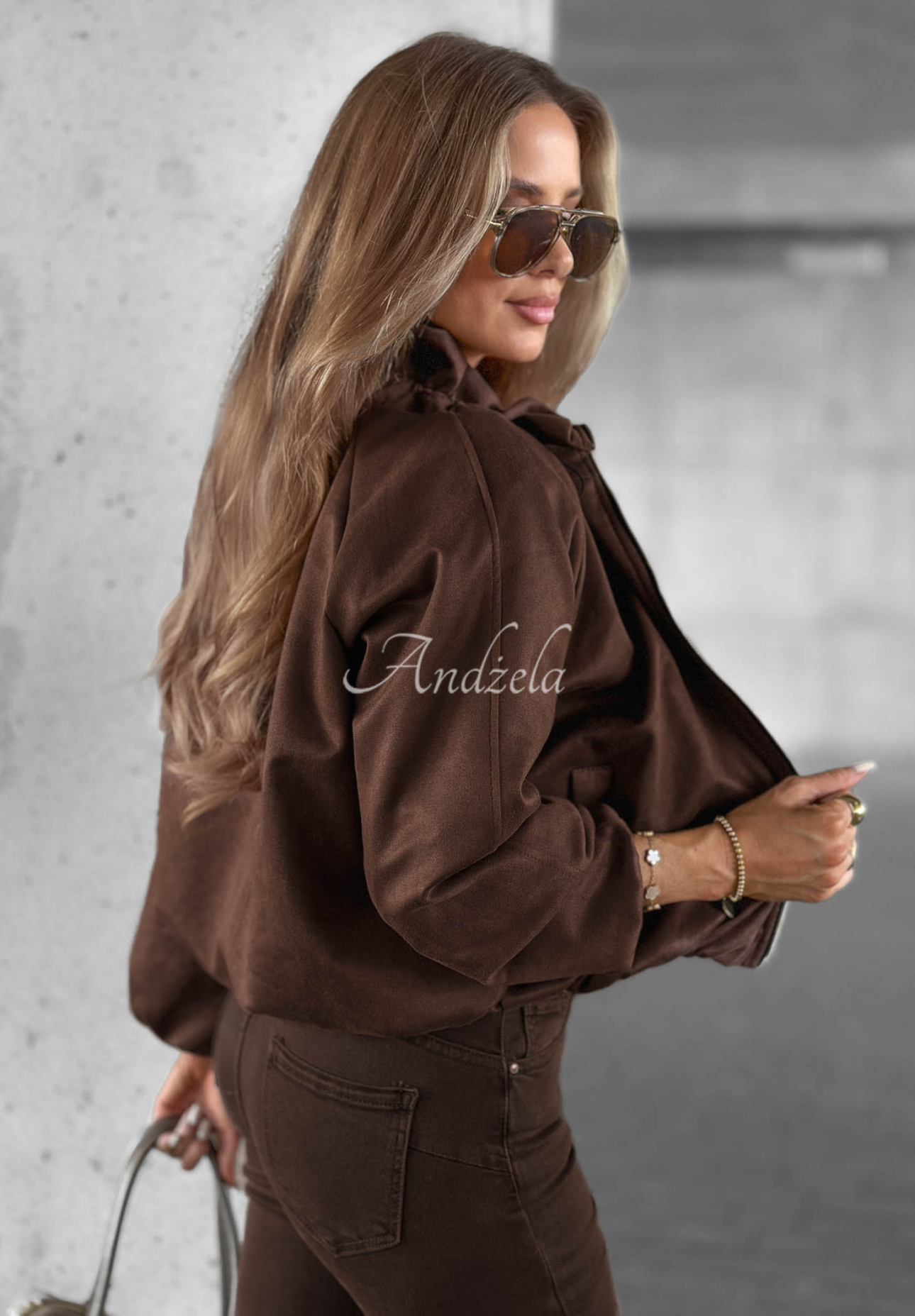 Autumn Muse Chocolate-Colored Suede Jacket with a Stand-Up Collar