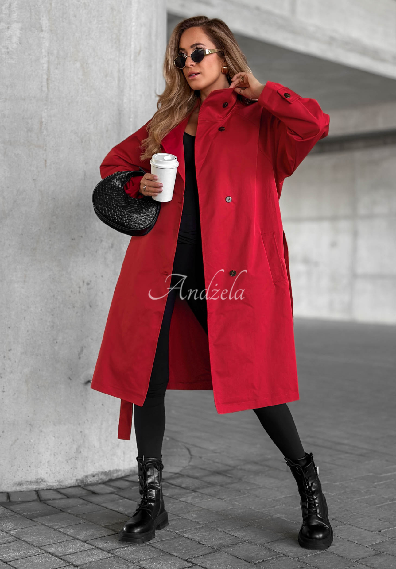 Afterlight Red Trench Coat with Belt and Collar