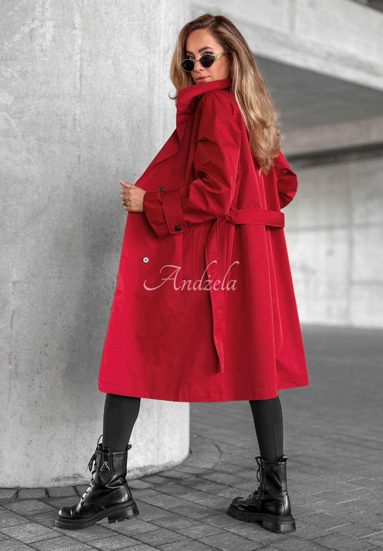 Afterlight Red Trench Coat with Belt and Collar