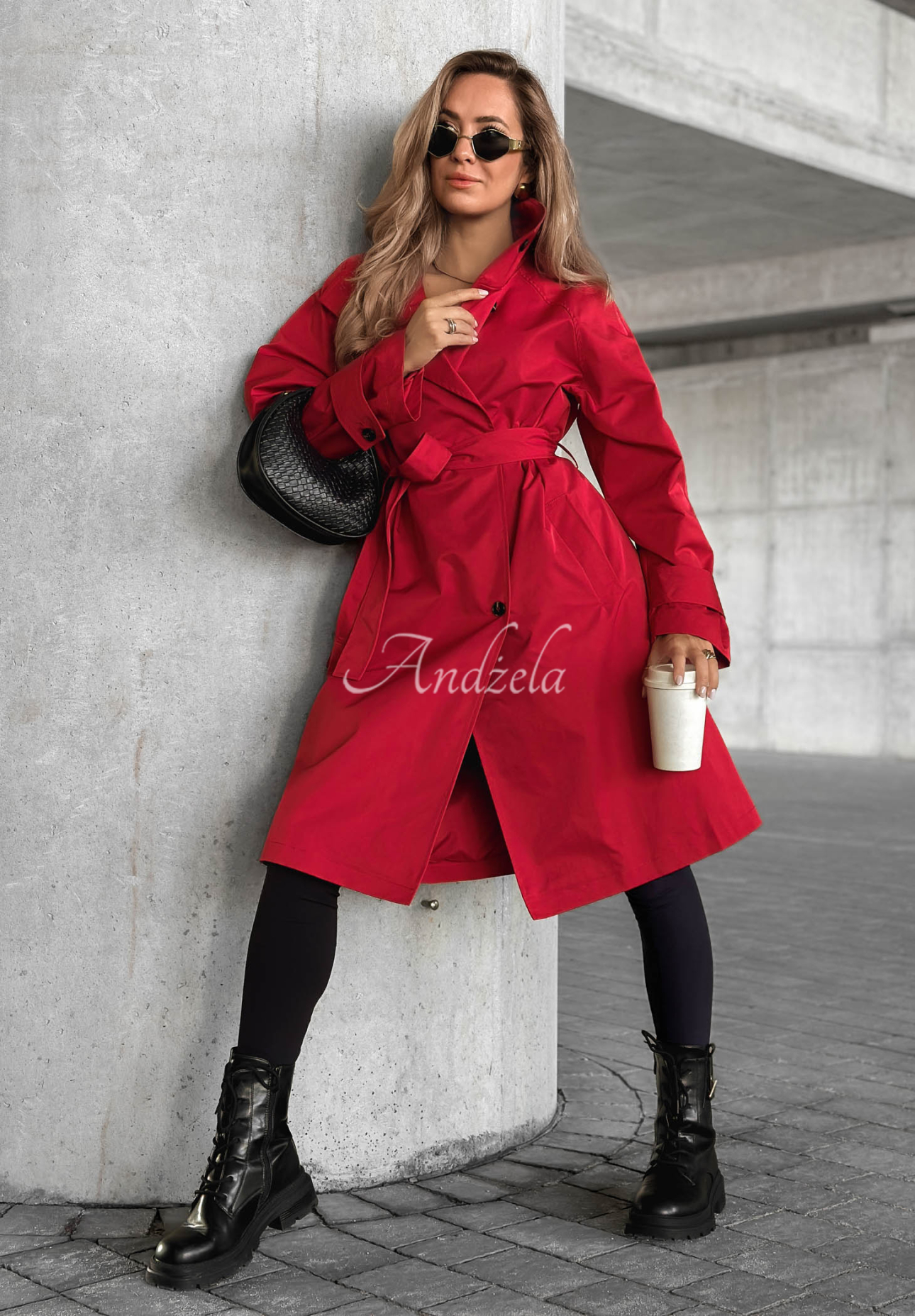 Afterlight Red Trench Coat with Belt and Collar
