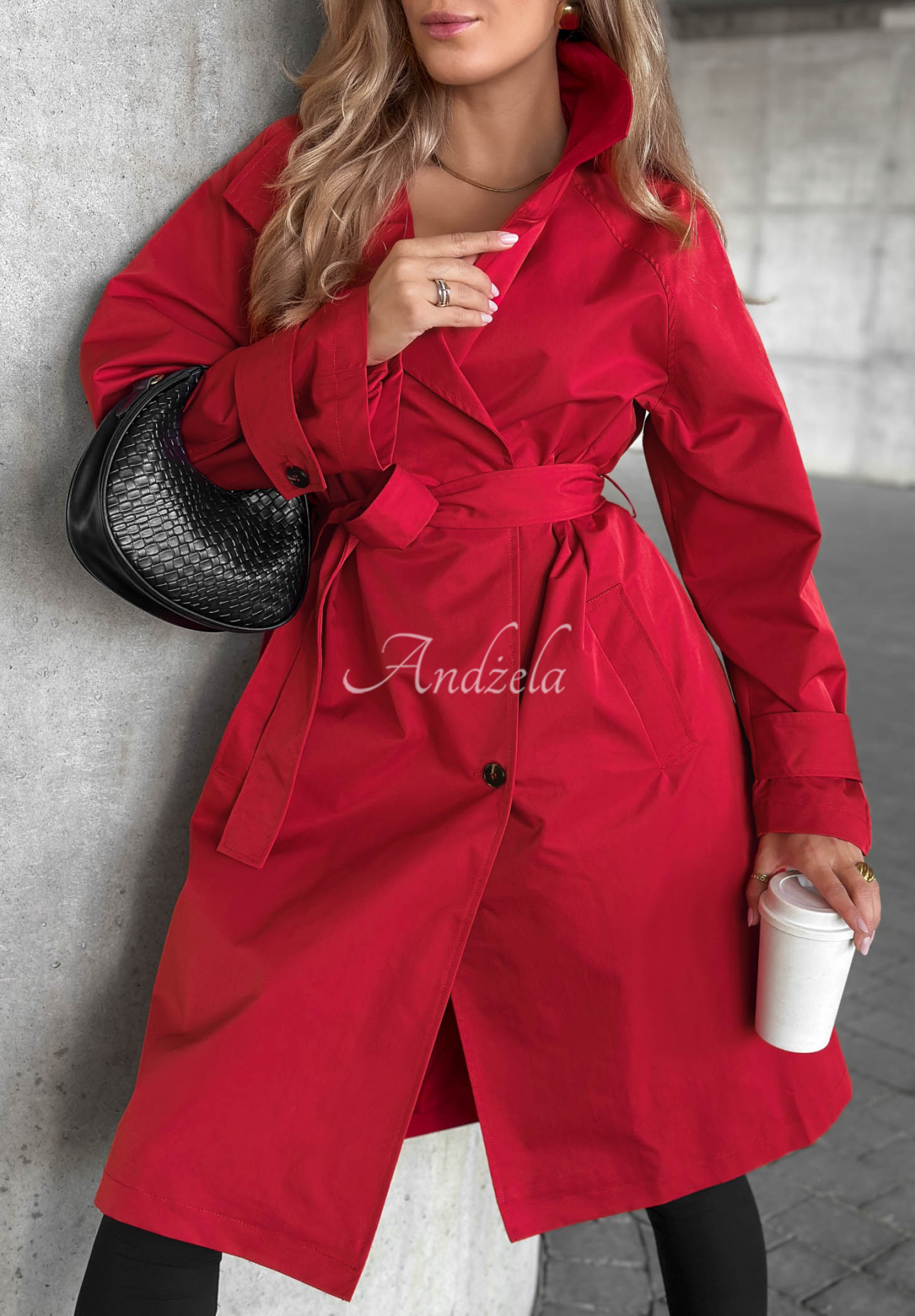 Afterlight Red Trench Coat with Belt and Collar