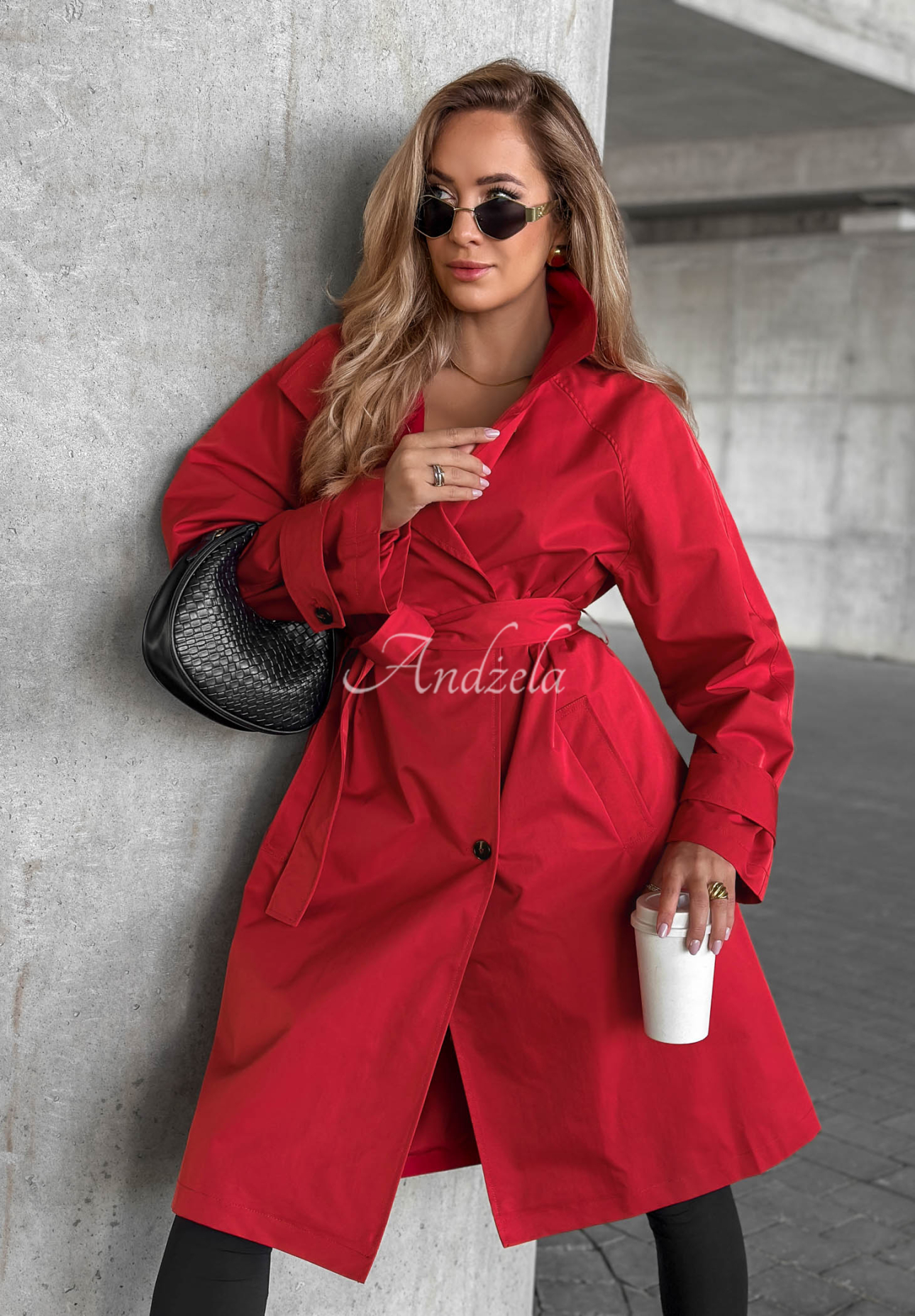 Afterlight Red Trench Coat with Belt and Collar
