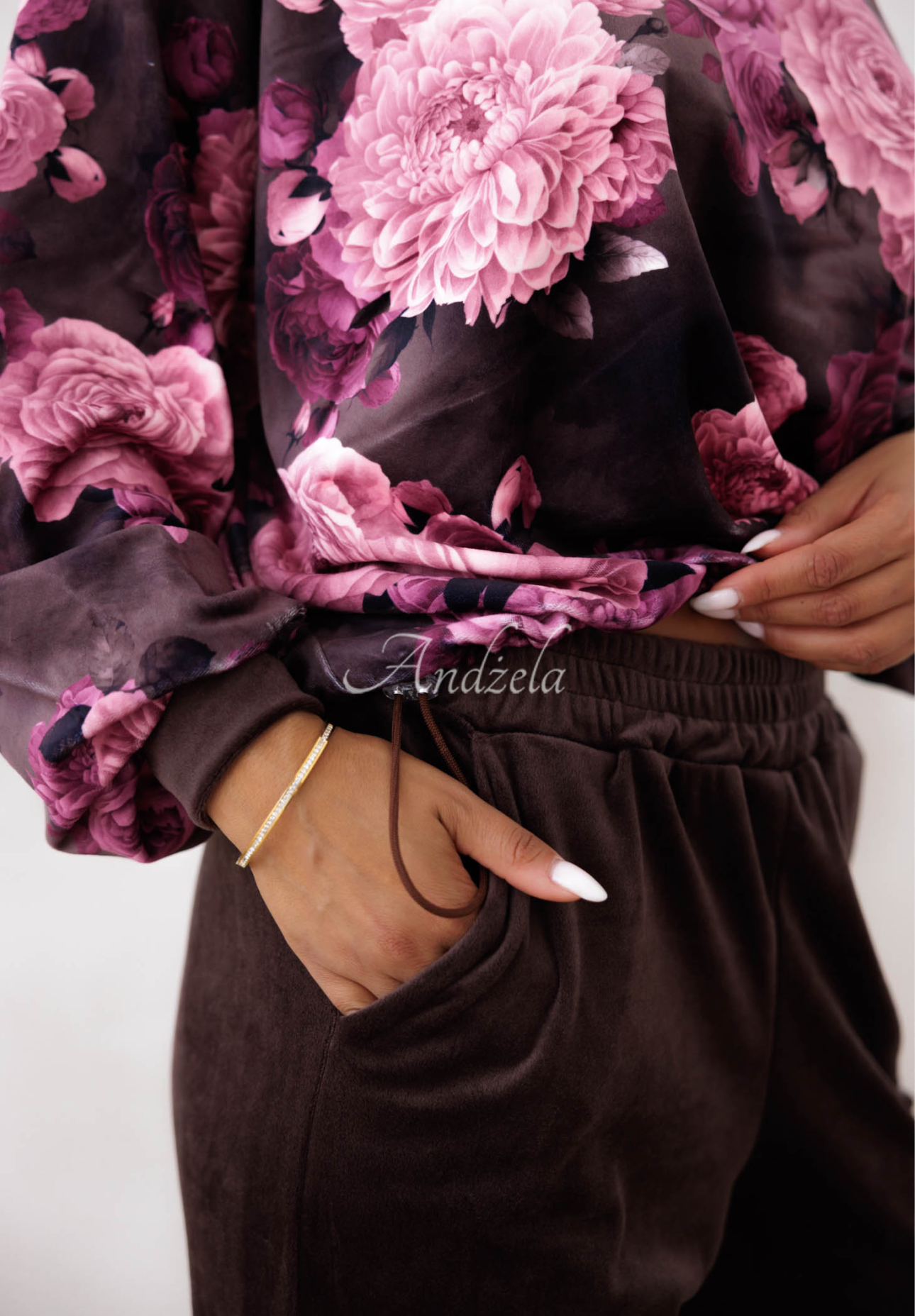 Chocolate-colored "Floral Kiss" cotton velour tracksuit set with a floral print