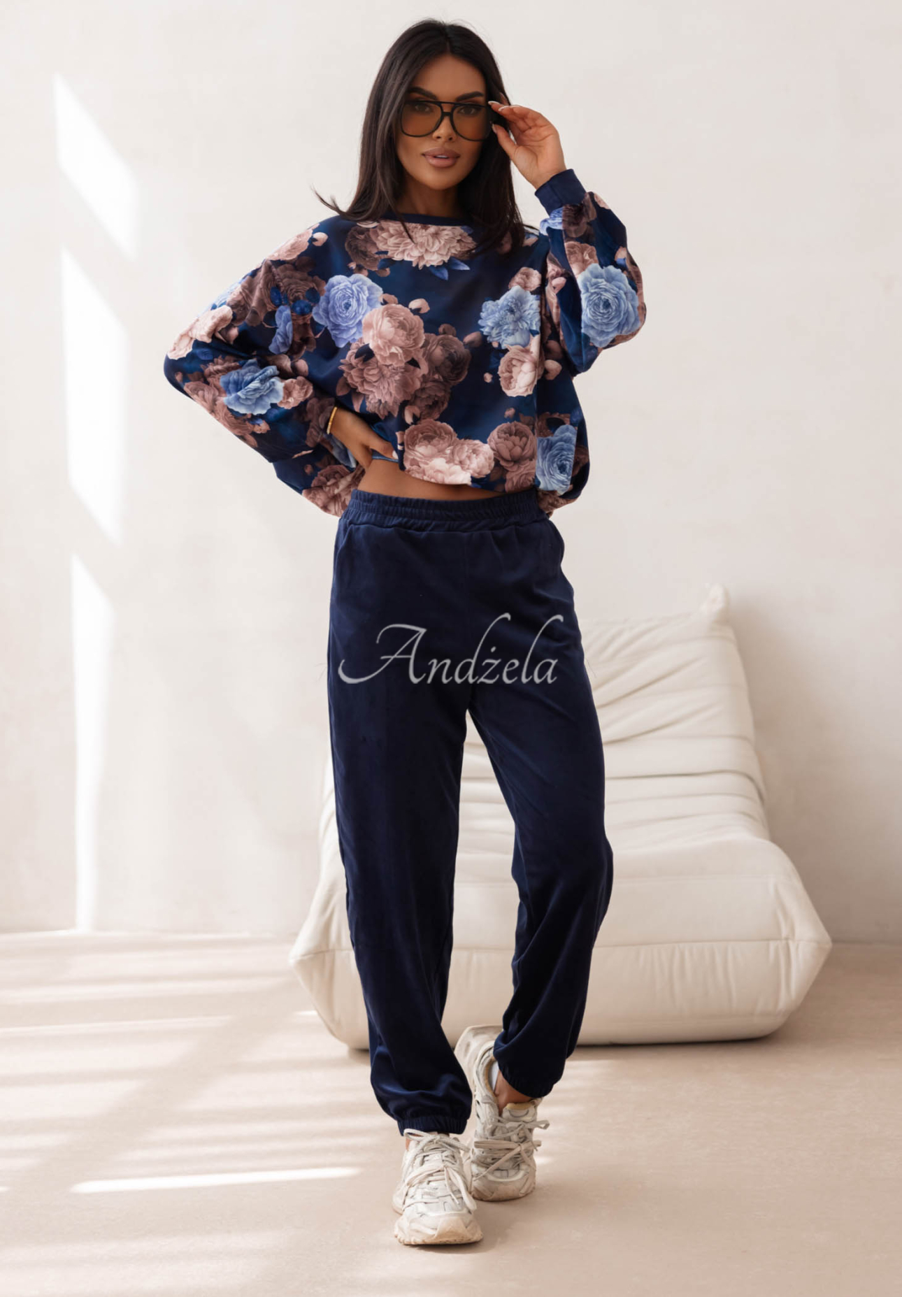 Floral Kiss Navy Blue Cotton Velour Sweatsuit Set with Floral Print