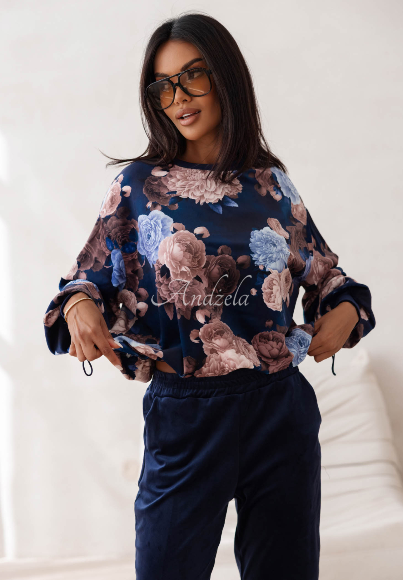 Floral Kiss Navy Blue Cotton Velour Sweatsuit Set with Floral Print