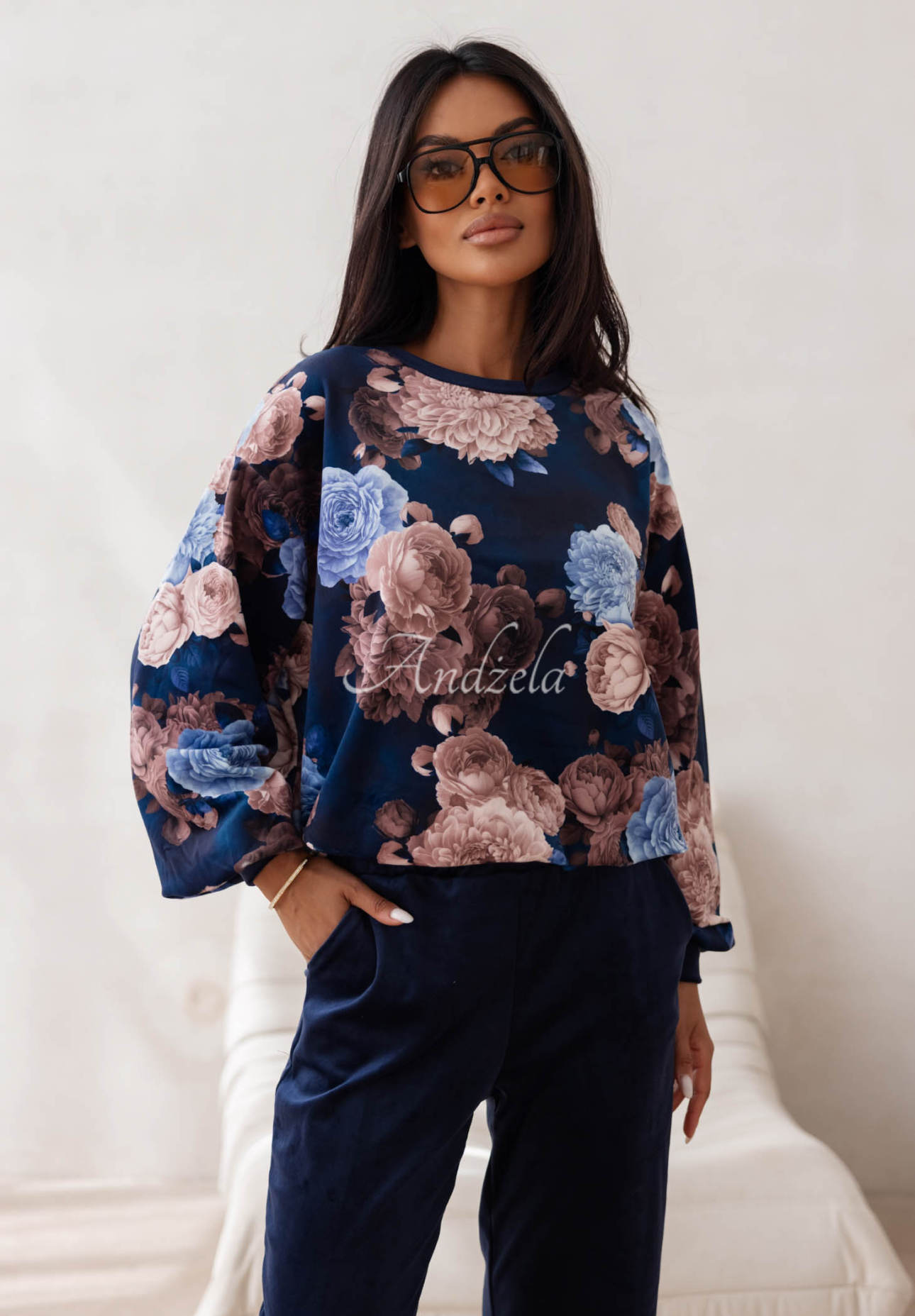 Floral Kiss Navy Blue Cotton Velour Sweatsuit Set with Floral Print