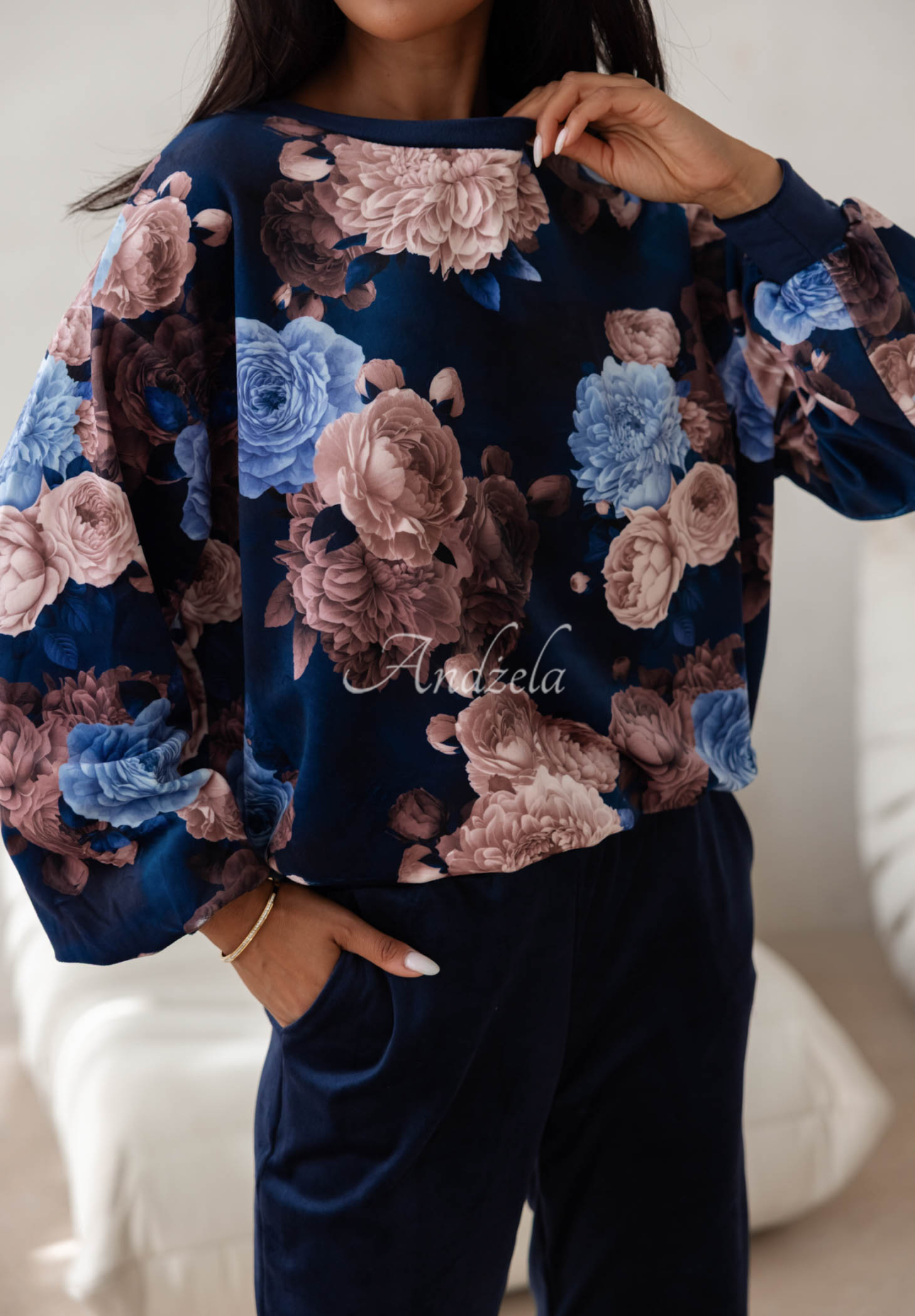 Floral Kiss Navy Blue Cotton Velour Sweatsuit Set with Floral Print