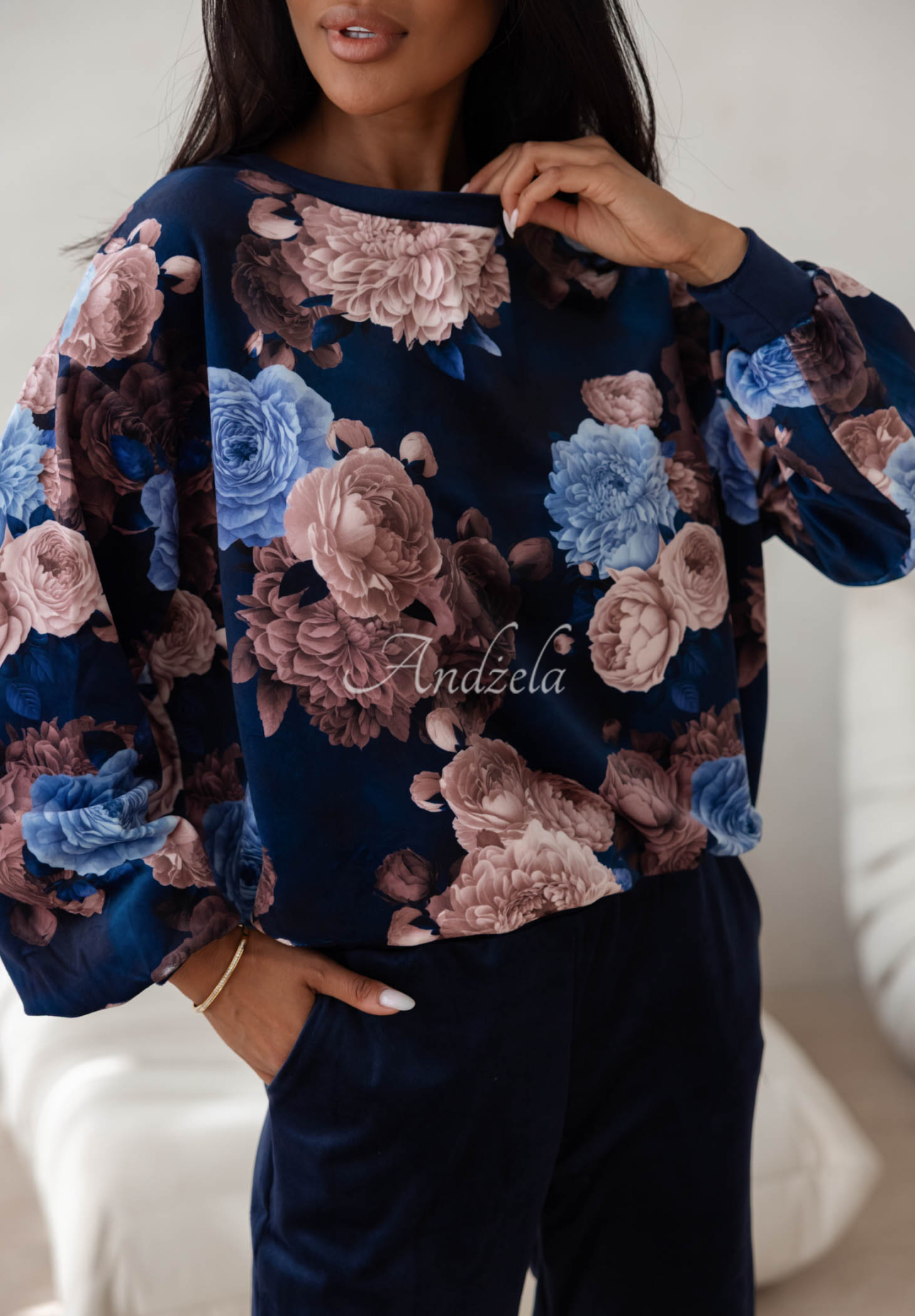 Floral Kiss Navy Blue Cotton Velour Sweatsuit Set with Floral Print