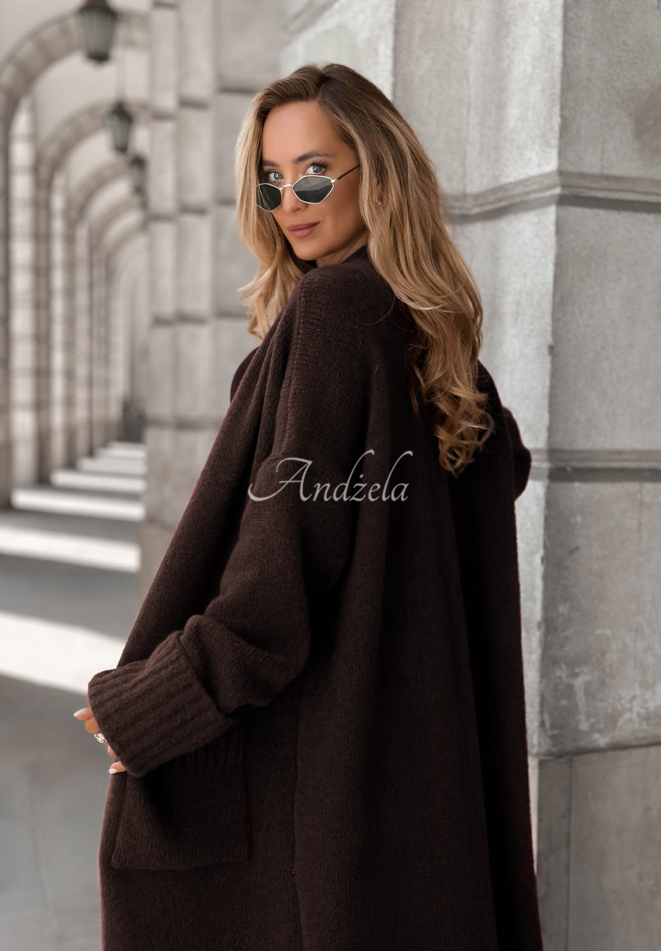 Long oversize cardigan with pockets Marbelio chocolate