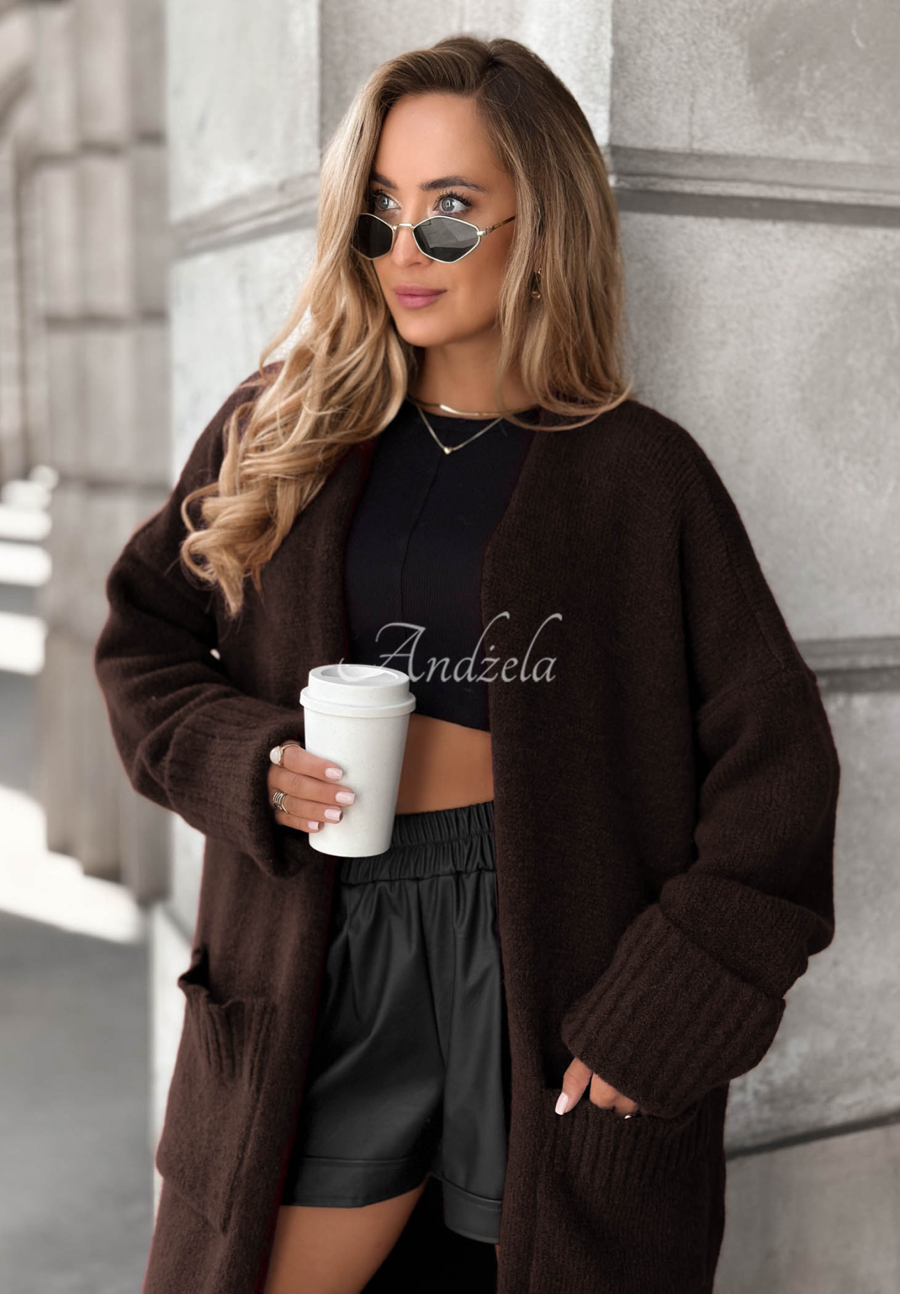 Long oversize cardigan with pockets Marbelio chocolate