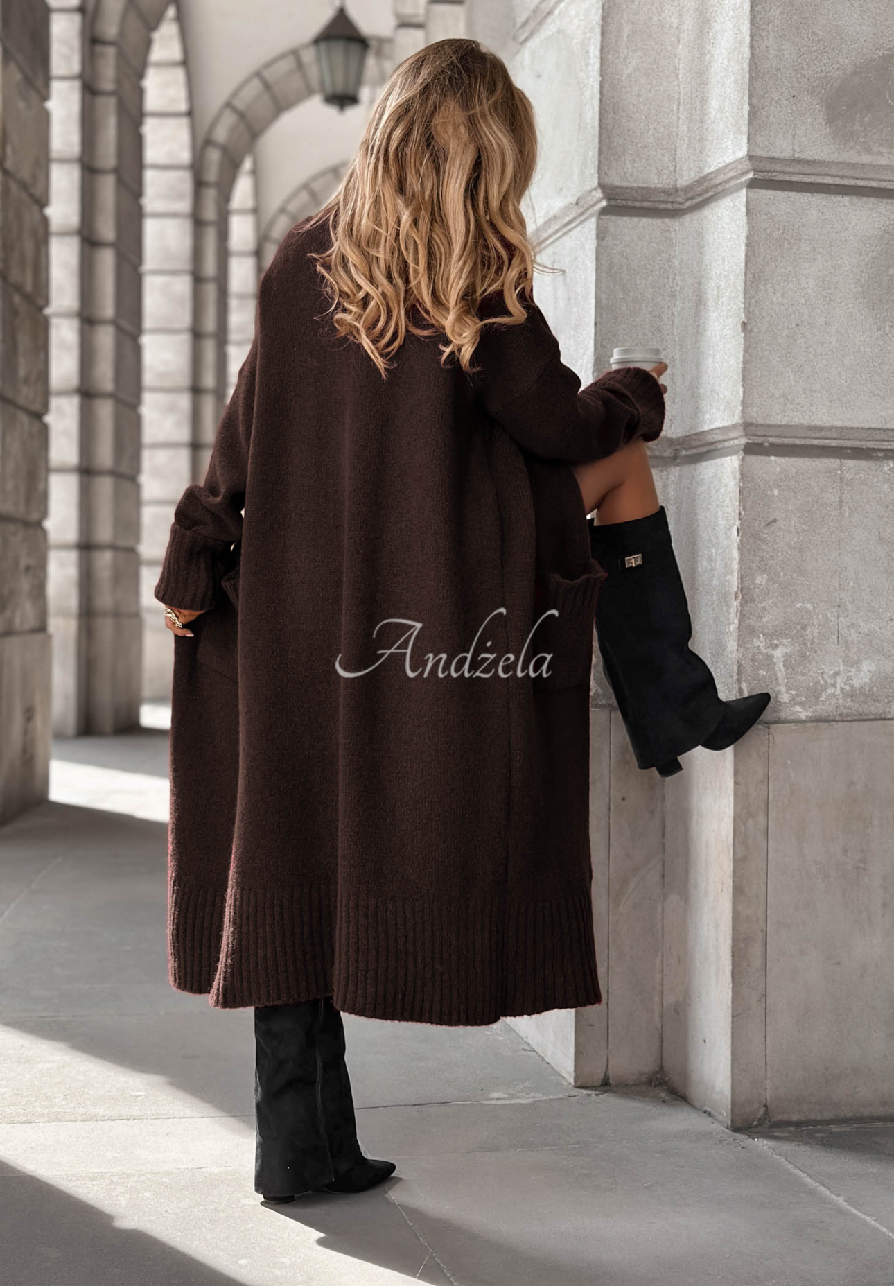Long oversize cardigan with pockets Marbelio chocolate