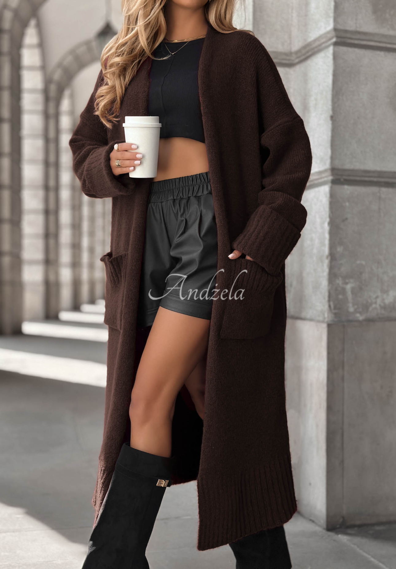 Long oversize cardigan with pockets Marbelio chocolate
