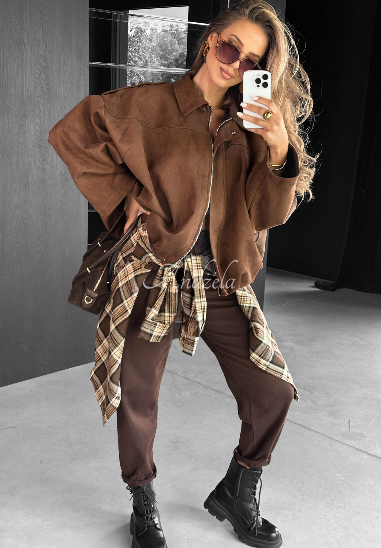 Early Season chocolate brown oversized suede bomber jacket