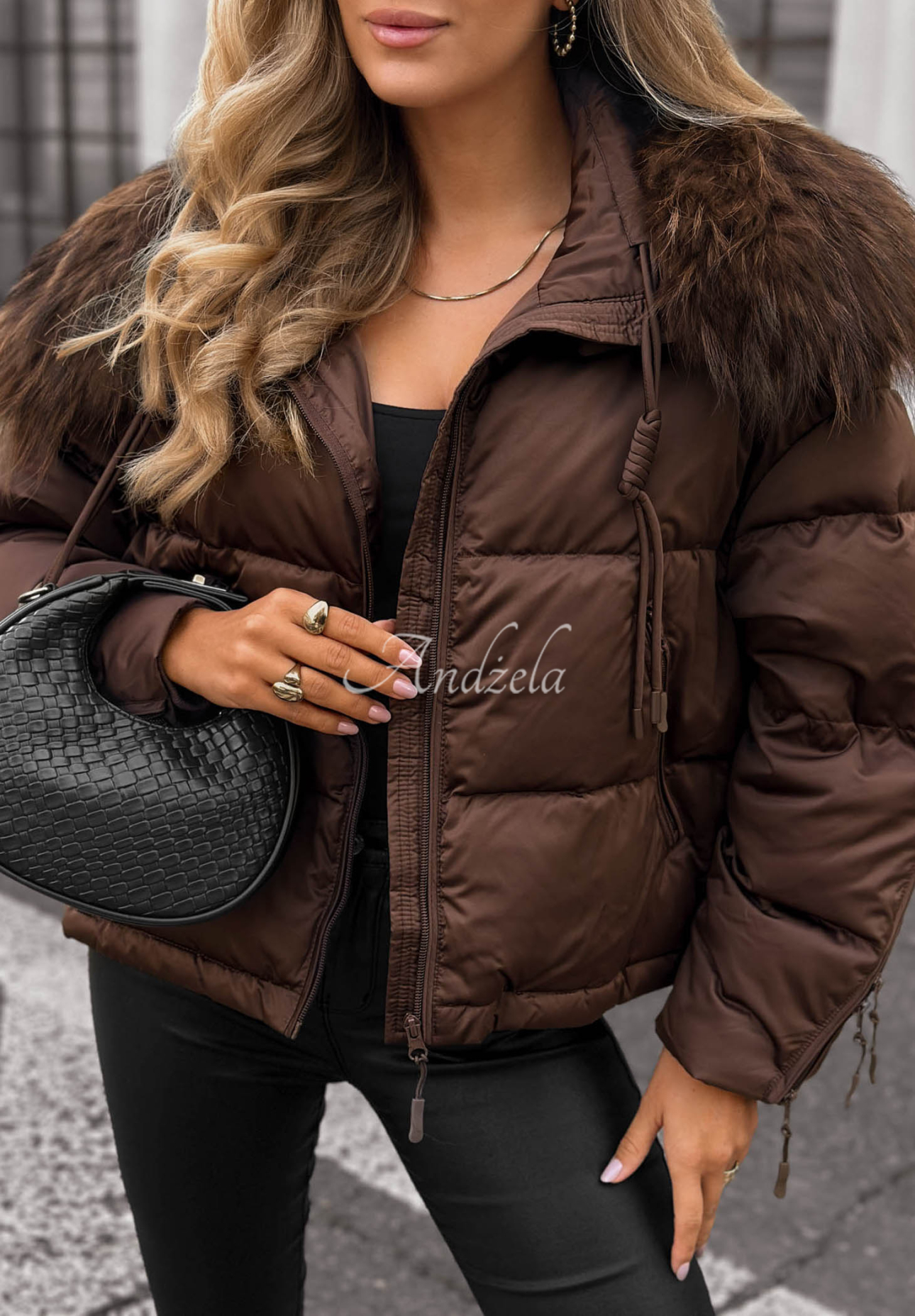 Amber Leaves Short Jacket with Fur Trim in Chocolate Brown