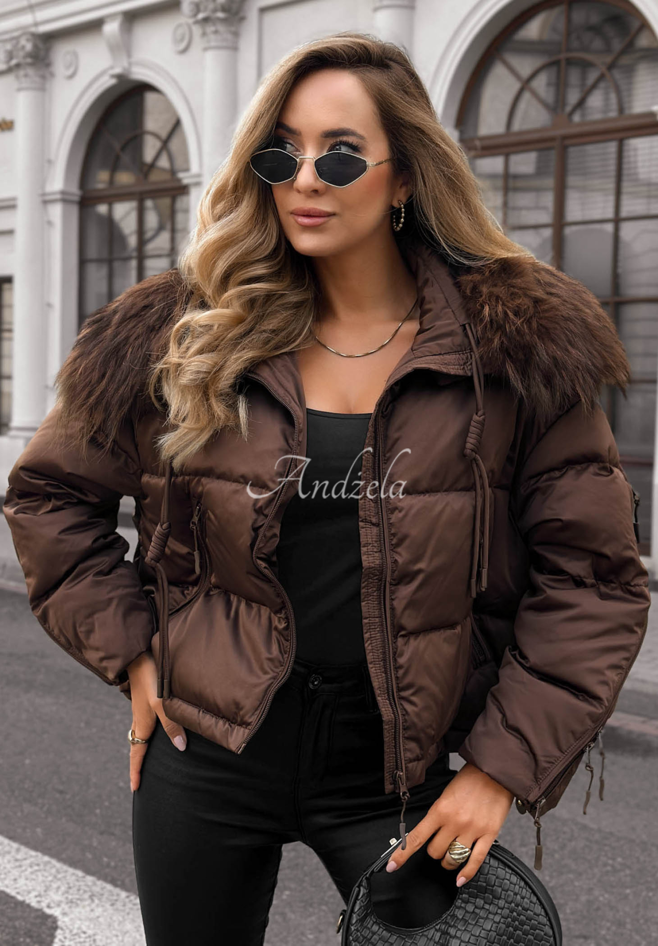 Amber Leaves Short Jacket with Fur Trim in Chocolate Brown