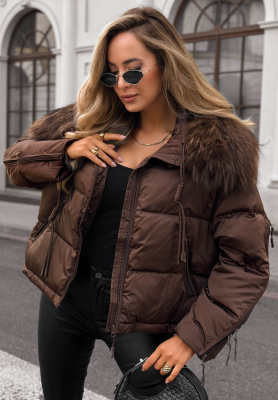 Amber Leaves Short Jacket with Fur Trim in Chocolate Brown
