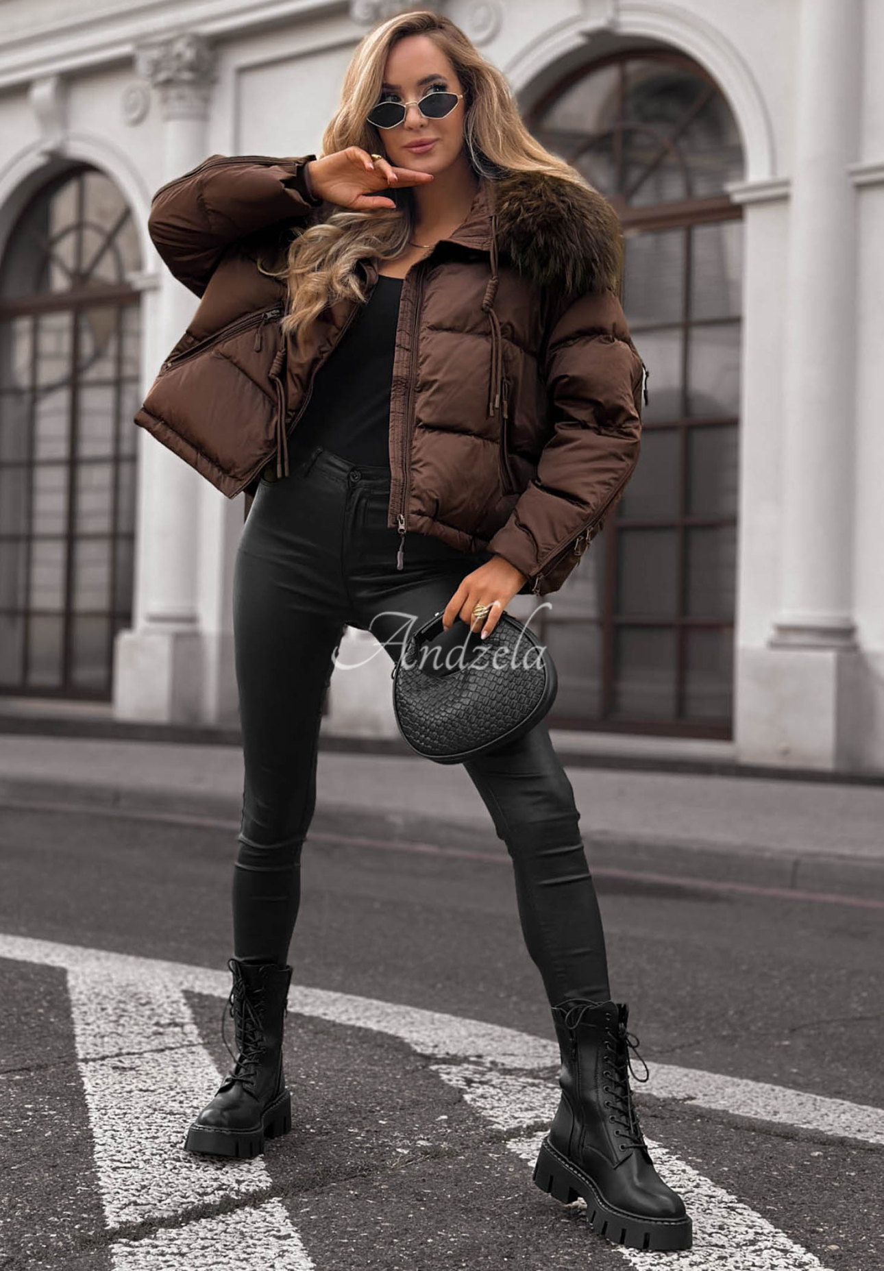 Amber Leaves Short Jacket with Fur Trim in Chocolate Brown