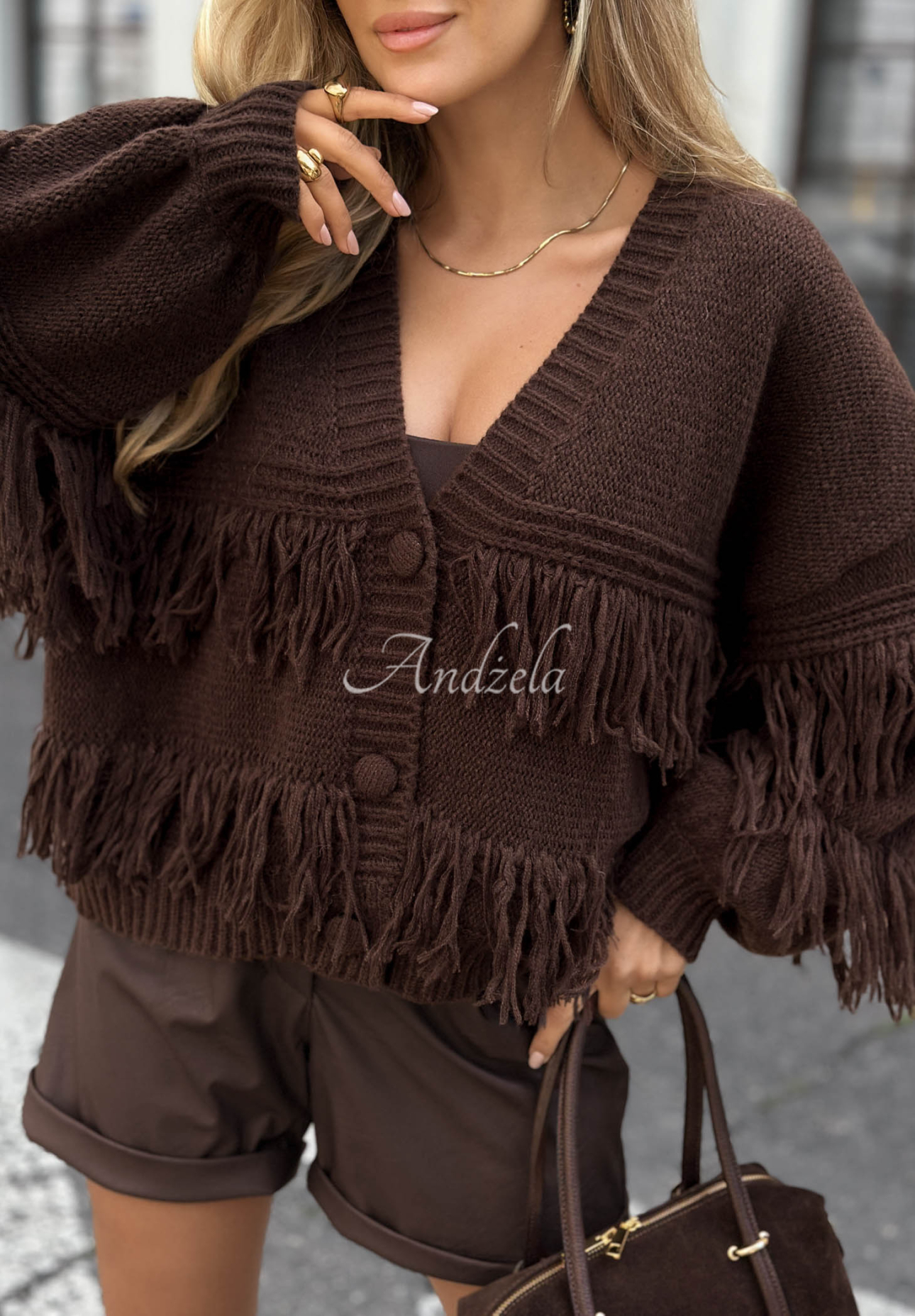 Feels Cozy Short Button-Down Cardigan with Viscose and Fringes, Chocolate Brown