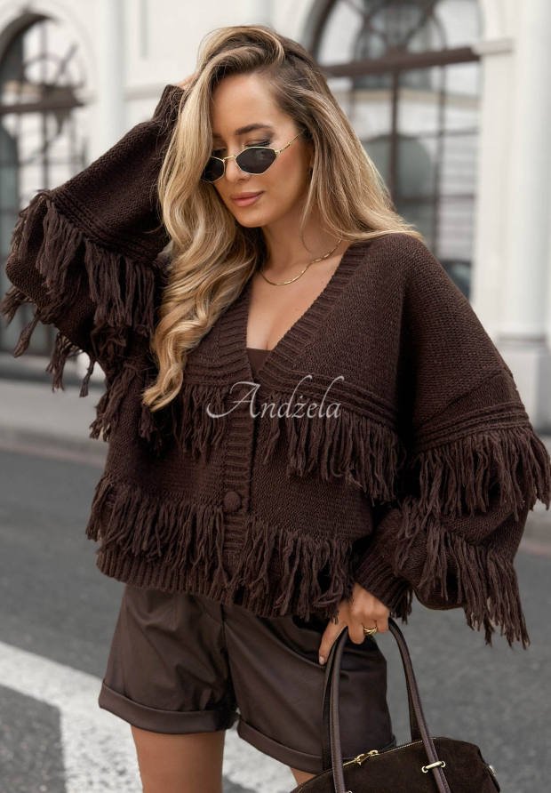 Kr&oacute;tki rozpinany kardigan z wiskozą i frędzlami Feels Cozy czekoladowy