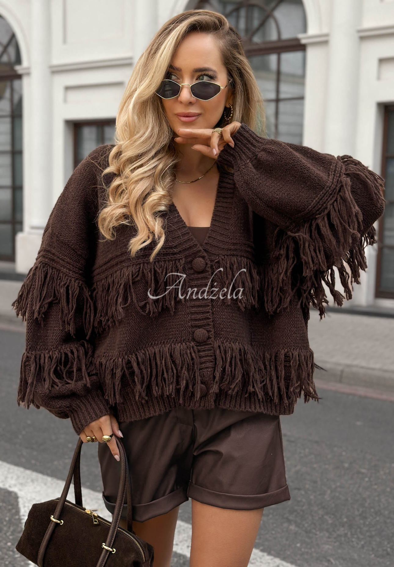 Feels Cozy Short Button-Down Cardigan with Viscose and Fringes, Chocolate Brown